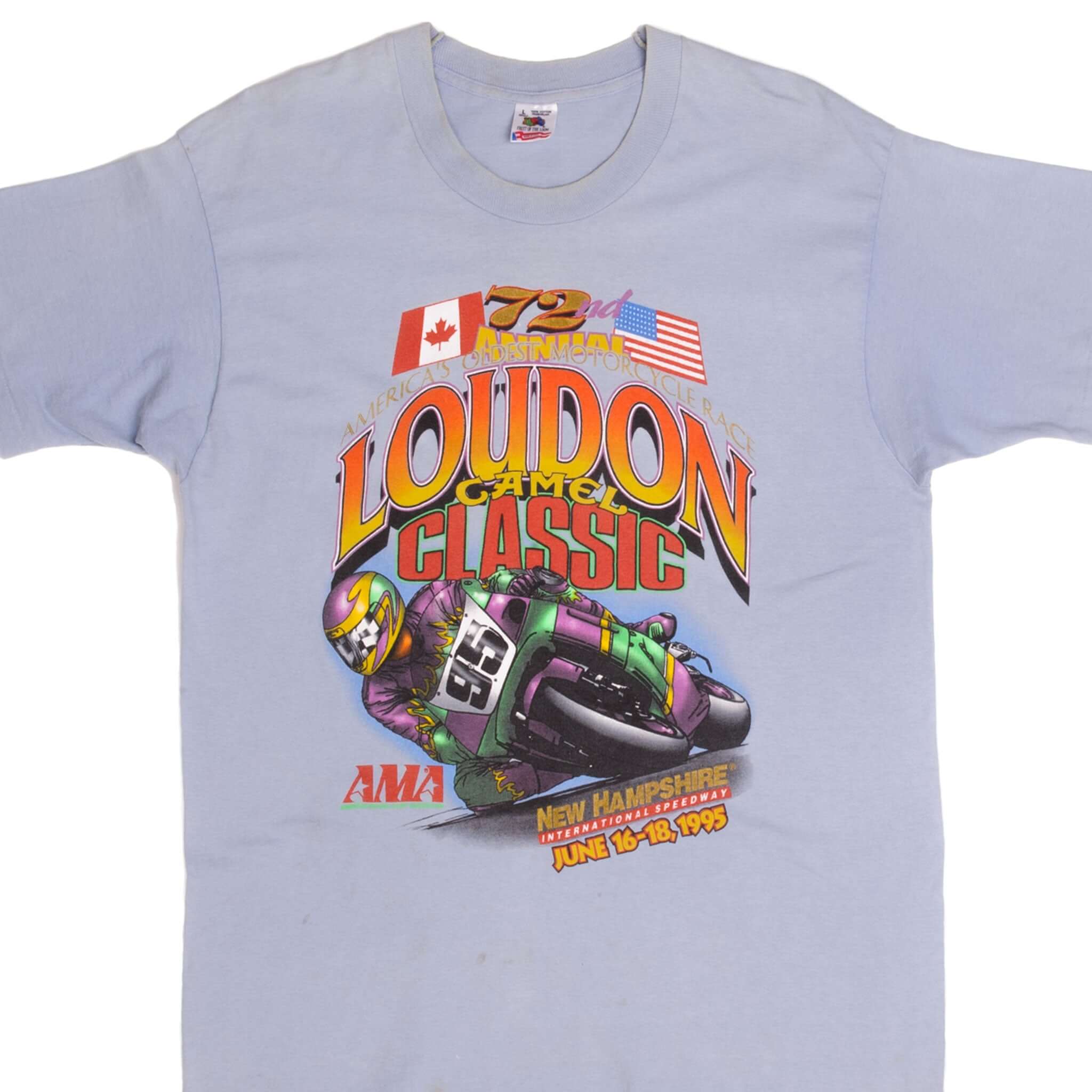Vintage AMA Motorcycle Road Racing Loudon Camel 1995 T-Shirt - Large Size, Made in USA - Perfect for Motorcycle Enthusiasts & Retro Fashion Lovers