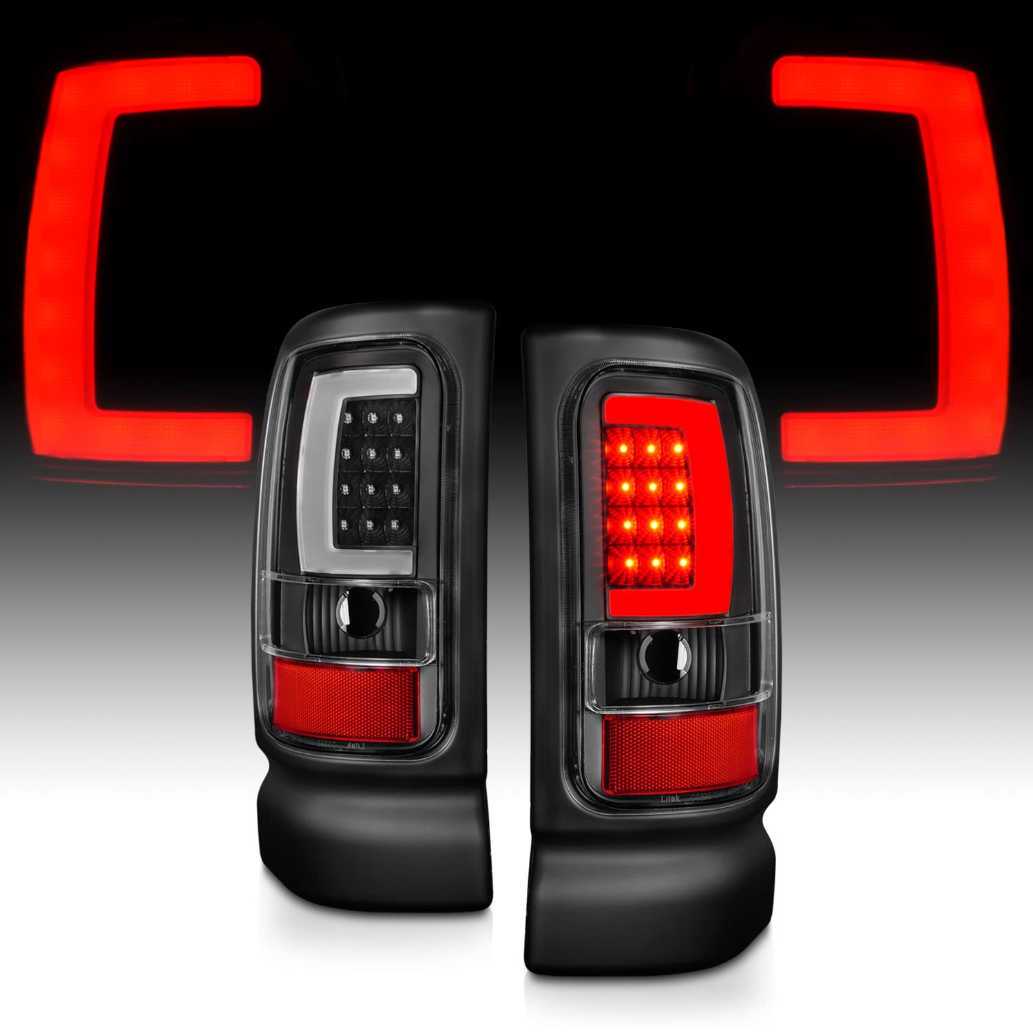 1994-2001 Dodge Ram 1500 2500 3500 Truck Black C-Bar LED Tail Lights Replacement Pair - Left & Right Side for Enhanced Visibility & Style | Perfect for Night Driving & Off-Road Adventures