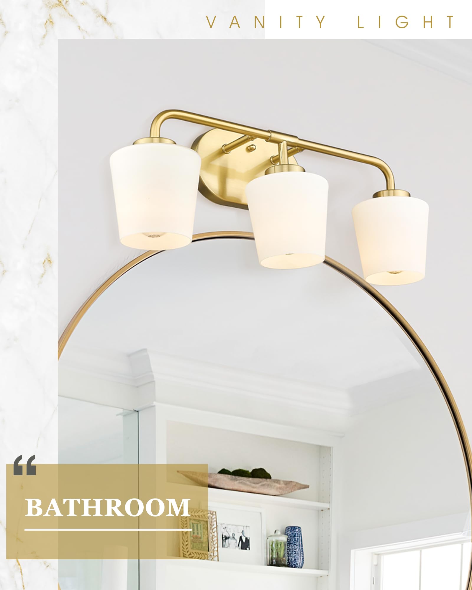 Brushed Gold Bathroom Vanity Light - Farmhouse Brass Wall Sconce with Milk White Glass Shades, 3-Light Champagne Bronze Fixture for Mirror Lighting (AD-22004-3W-GD) - Perfect for Bathroom, Powder Room, and Farmhouse Decor