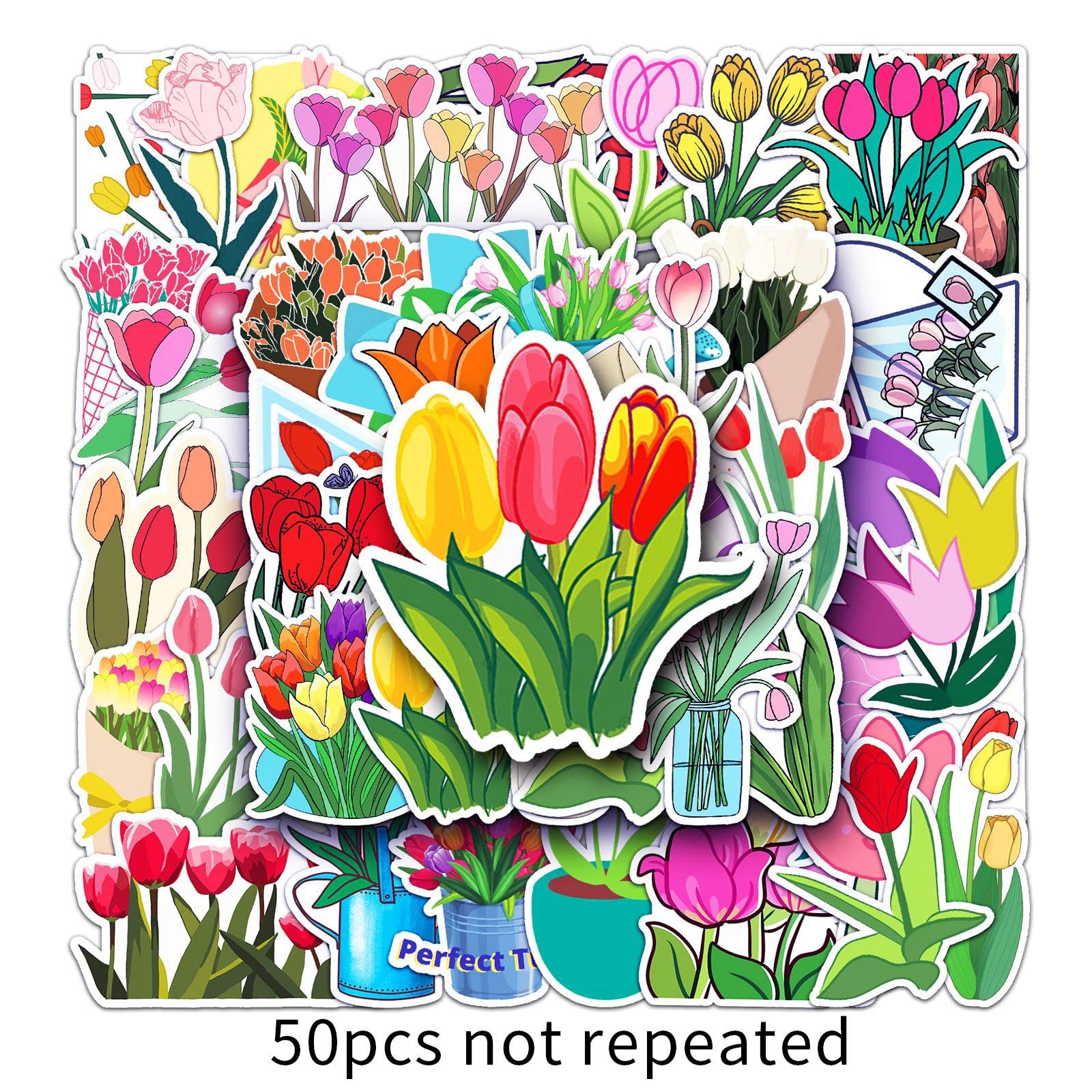 50PCS Waterproof Tulip Flower Stickers - Cute Vinyl Decals for Laptop, Water Bottle, Bike, Car, Skateboard, Luggage, Guitar - Trendy DIY Scrapbooking Stickers for Teens, Girls & Kids - Perfect for School, Home Decor & Personalization