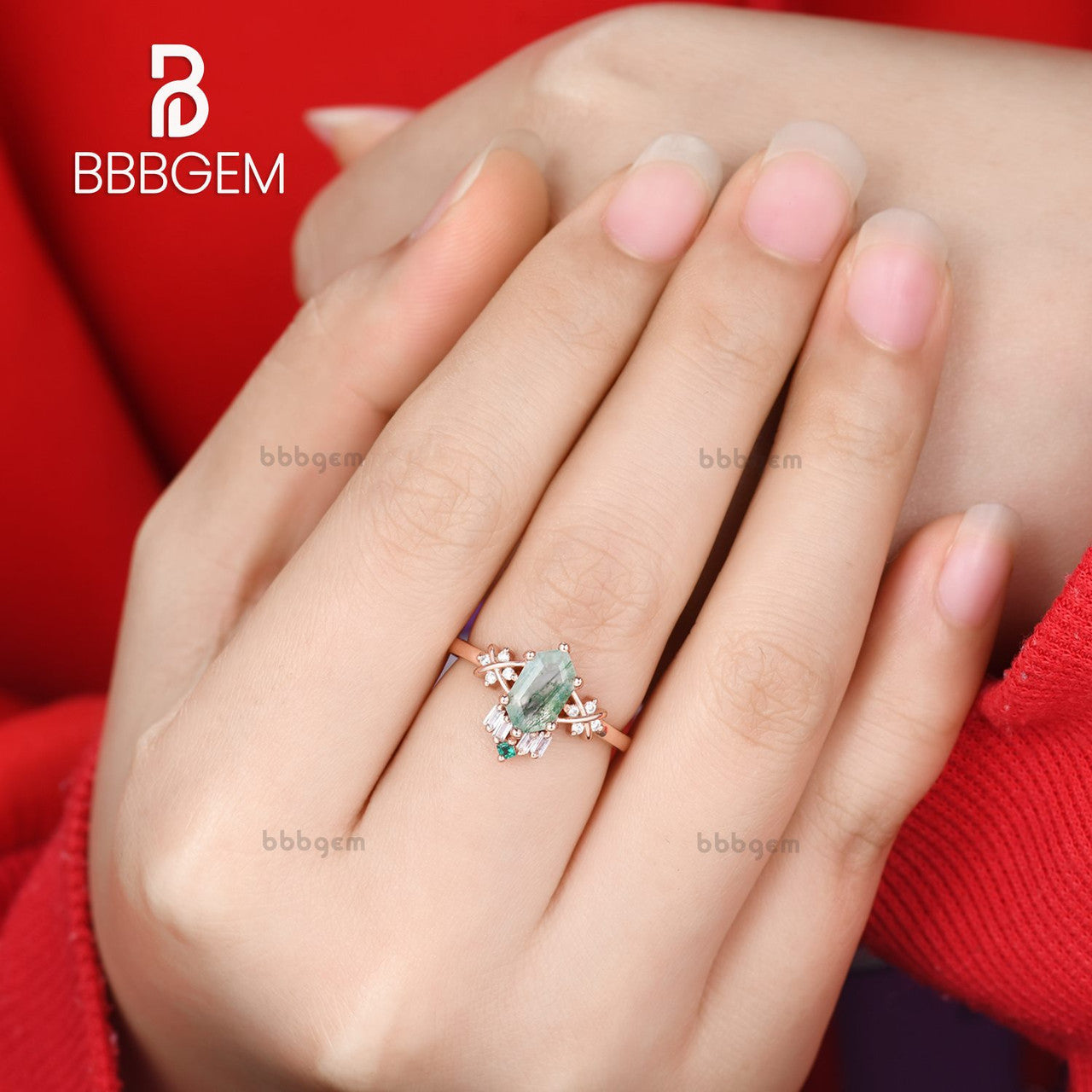 Unique Vintage 14K Rose Gold Hexagon Cut Moss Agate Engagement Ring with Diamond & Emerald Accents - Perfect for Romantic Proposals, Anniversary Gifts & Special Occasions