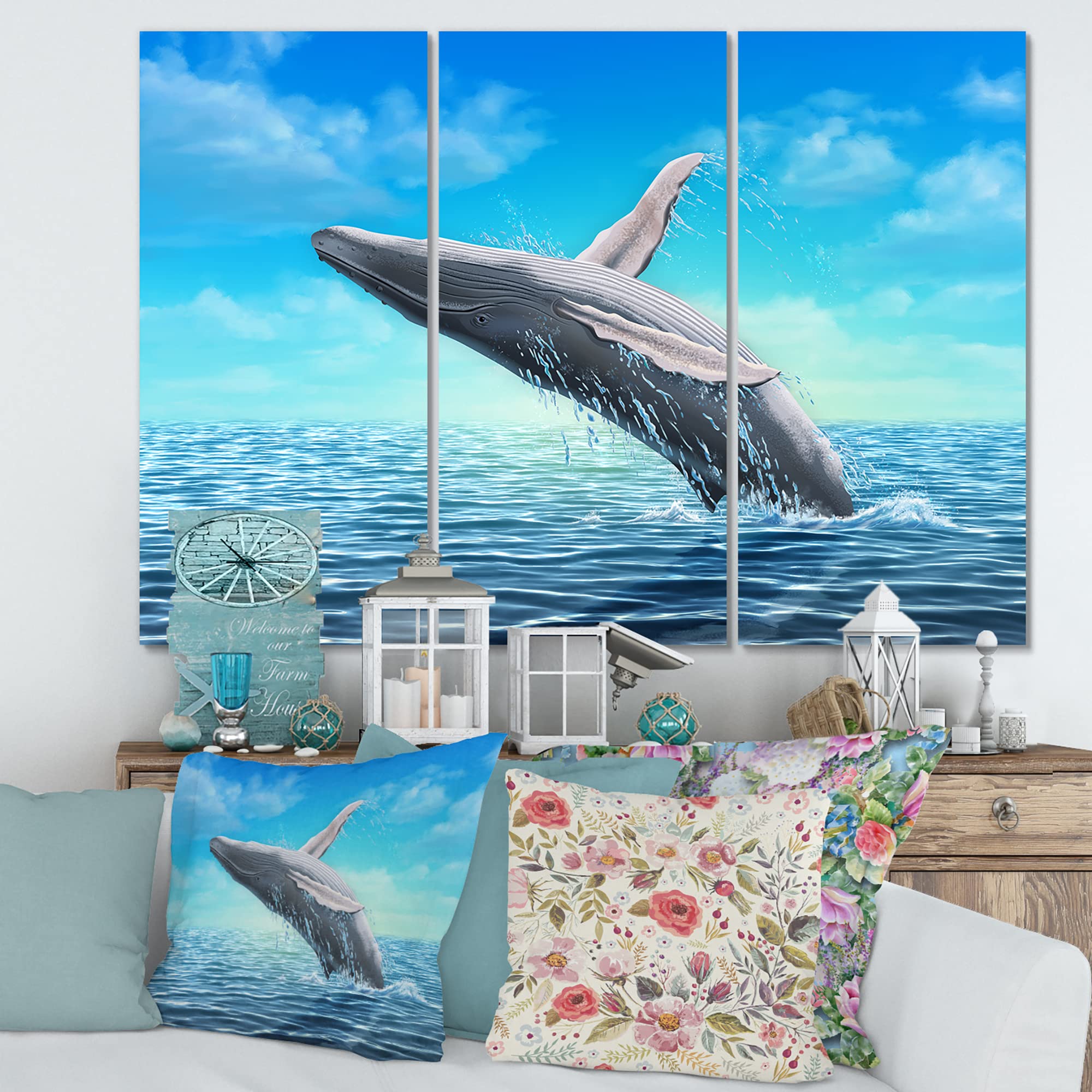 DesignQ Humpback Whale Jumping Farmhouse Canvas Wall Art - Ocean Themed Home Decor for Living Room, Bedroom & Office - Perfect Coastal Style Wall Hanging for Beach House or Nursery