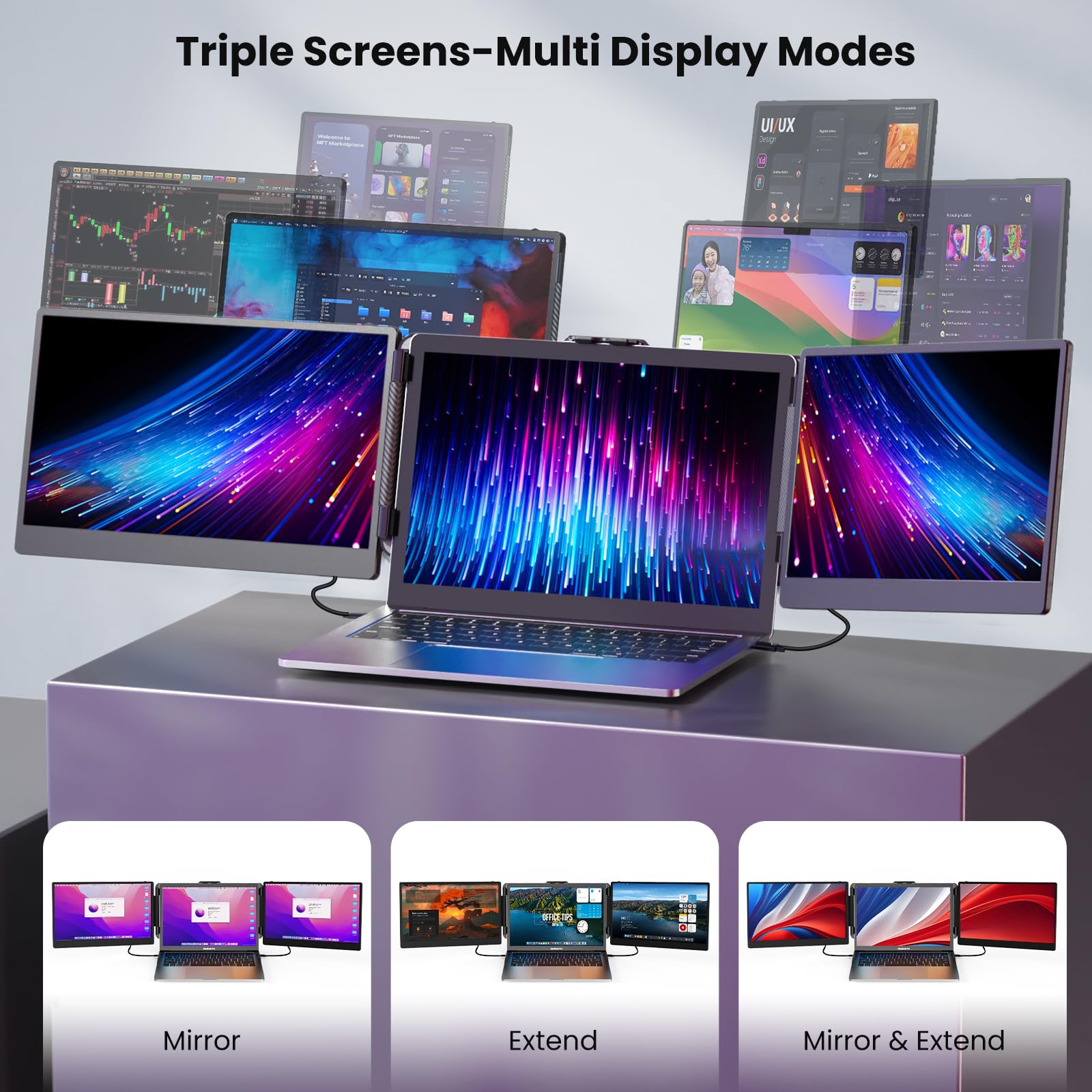 12'' Triple Screen Extender - Ultra Slim 1080P FHD IPS Portable Monitor with Stand for Laptop, Compatible with Mac Windows Linux Switch PS4/5 - Perfect for Gaming, Coding & Multitasking