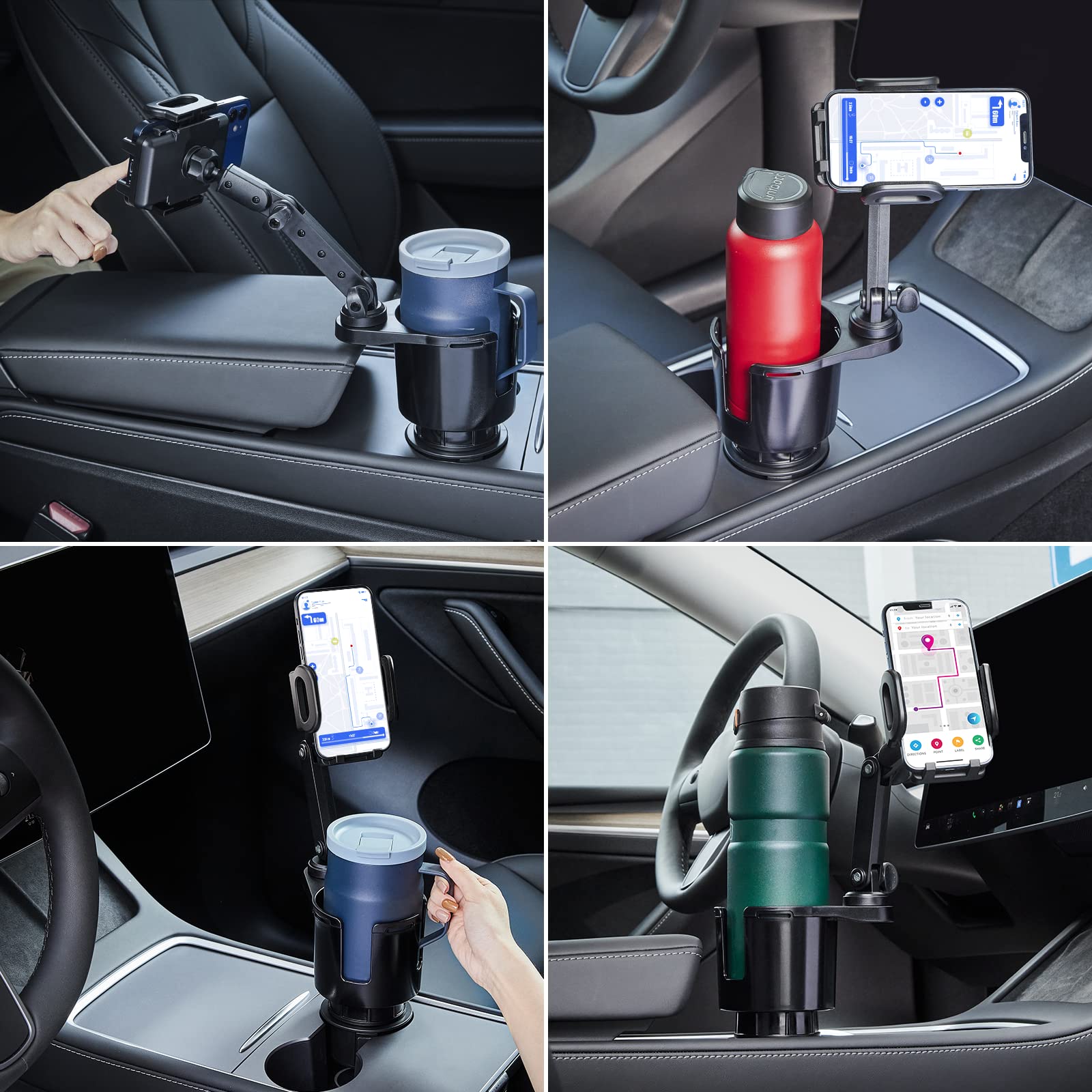 2-Pack Universal Car Cup Holder Expander with 360° Rotating Phone Mount - Compatible with Tesla, SUV, Truck, RV, Golf Cart & Smartphones - Perfect for Road Trips, Camping & Office Use