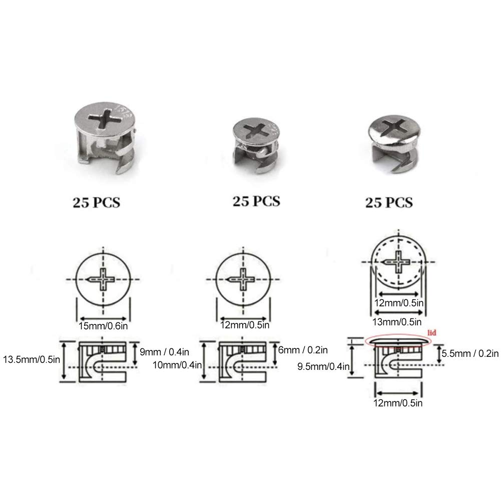 75Pcs Eccentric Cam Lock Fittings for Furniture - Carbon Steel 3-in-1 Connector Fastener Hardware Kit with Eccentric Wheel Nut Set | Perfect for DIY Furniture Assembly, Cabinet Making & Home Improvement Projects