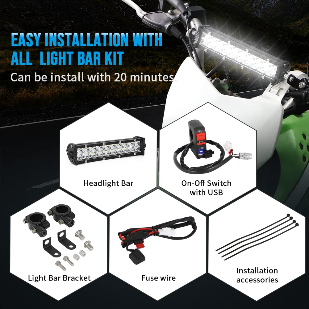 AUTOVIC Motorcycle LED Light Bar Kit with USB Charger & Switch - Compatible with Honda CRF110, KLX110, TTR110, YZ250F Dirt Bikes - Plug & Play Installation for Off-Road Riding & Night Adventures