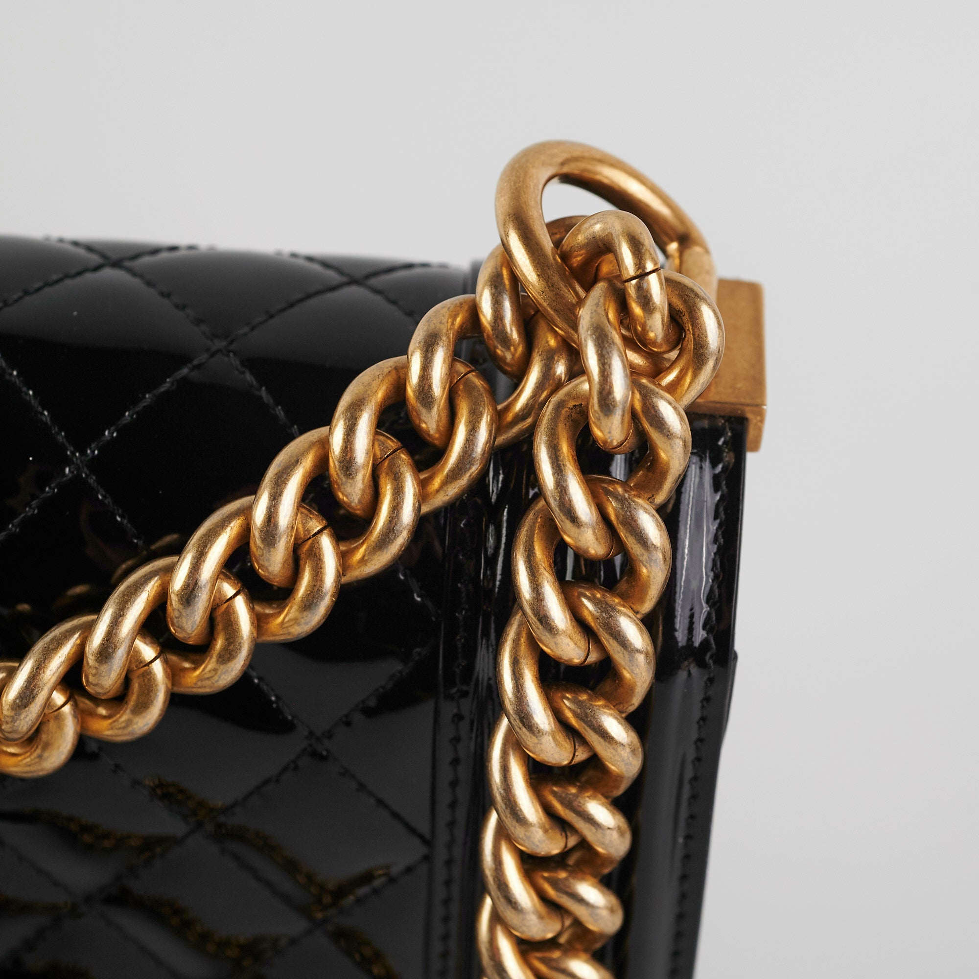 Chanel Old Medium Boy Bag Patent Leather Black - Luxury Designer Handbag for Women, Perfect for Evening Parties & Special Occasions
