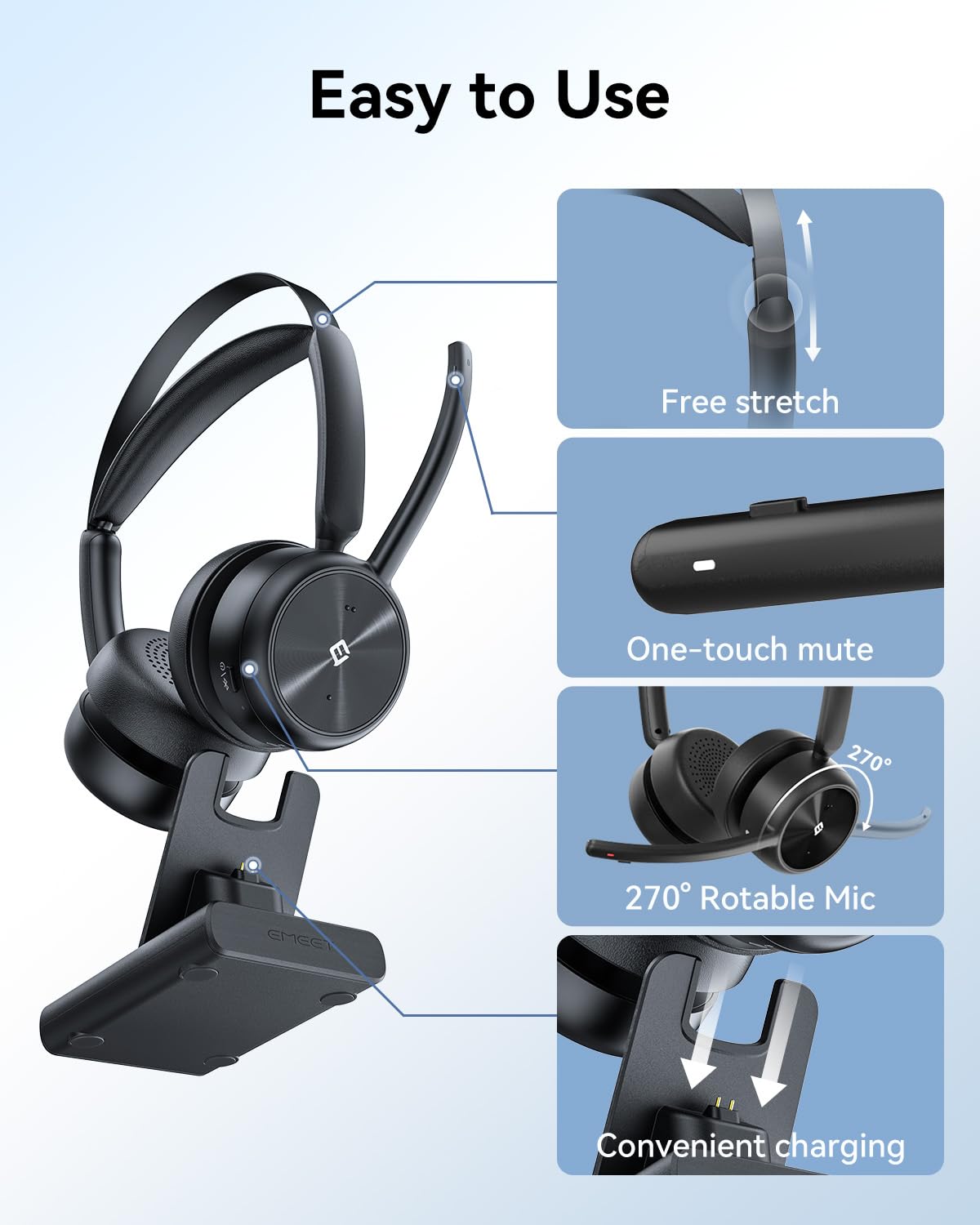 EMEET HS80 (Gen2) Wireless Bluetooth Headset with Noise Canceling Mic, Charging Base & USB Dongle - 46H Battery for PC, Call Center, Zoom, Skype - Perfect for Remote Work, Online Meetings & Customer Service