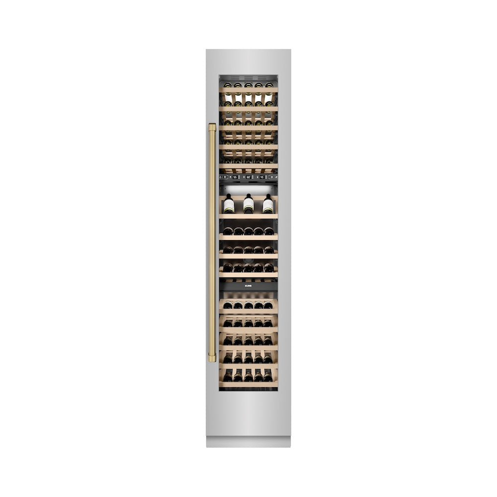 ZLINE Autograph Edition 18 Inch 9.0 cu ft Triple Zone 68 Bottle Right Hinge Stainless Steel Column Wine Cooler with Champagne Bronze Accents - Perfect for Home Bars, Wine Cellars, and Entertaining (RCWVRZ 30418 CB)