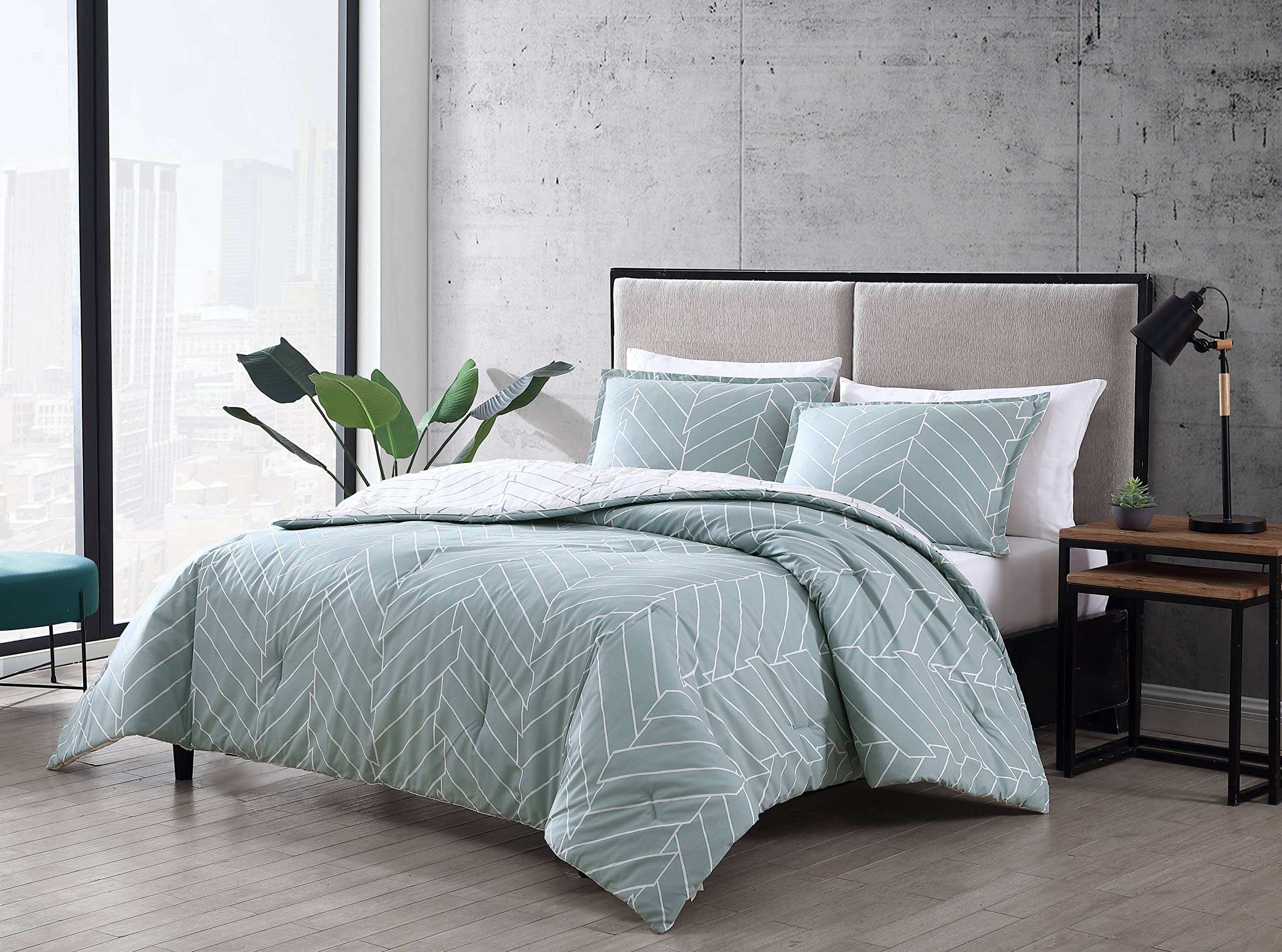 King Size Reversible Cotton Comforter Set with Matching Shams - Modern Ceres Mint Bedding Collection | Perfect for Master Bedroom & Guest Room Decor