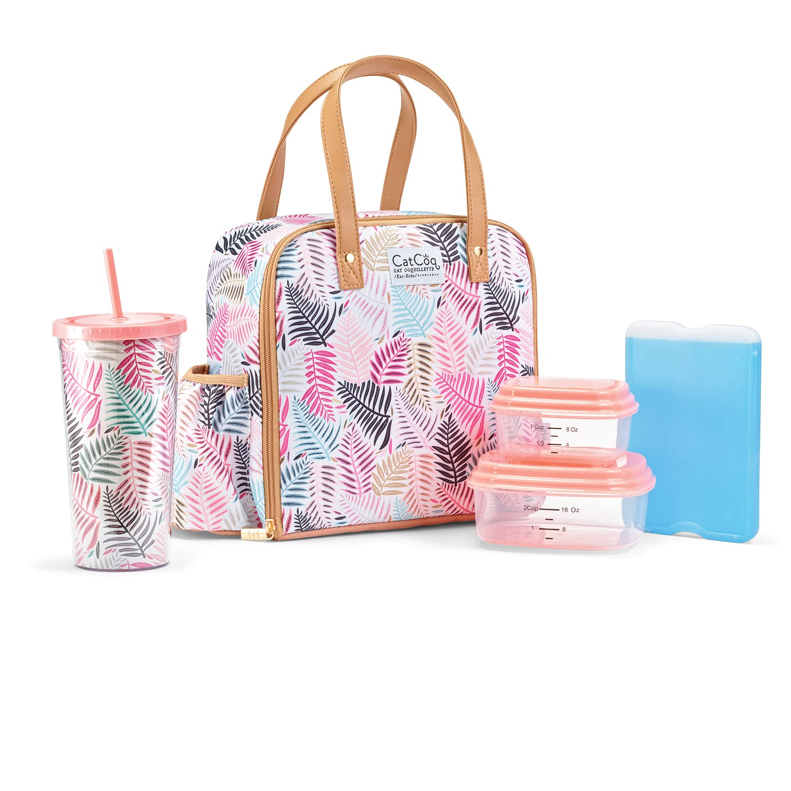Fit & Fresh Insulated Lunch Bag for Women - Leakproof & Stain-Resistant Large Lunch Box with Containers, Tumbler & Ice Pack - Perfect for Work, Office, School & Outdoor Activities - Zipper Closure Wichita Bag Palm Design
