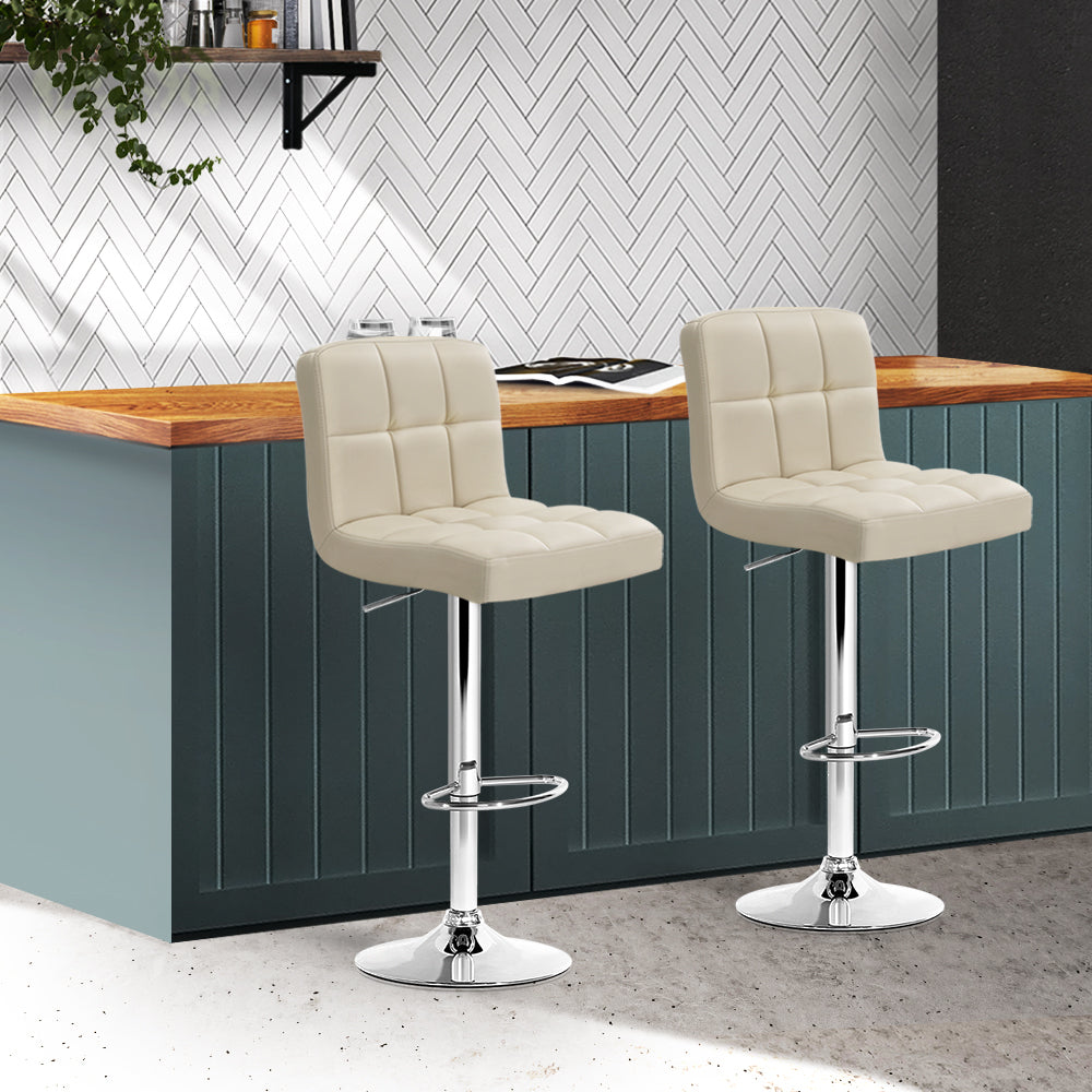 Adjustable Height Leather Bar Stools with Gas Lift - Set of 2, Beige - Perfect for Kitchen Islands, Breakfast Bars & Home Bars