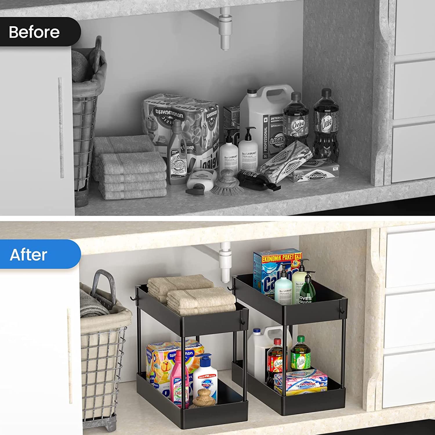 2 Pack Under Sink Organizer - 2 Tier Bathroom & Kitchen Storage Shelf with Multi-Purpose Baskets for Countertop Cabinet (Black) | Perfect for Bathroom Vanity, Kitchen Sink & Closet Organization
