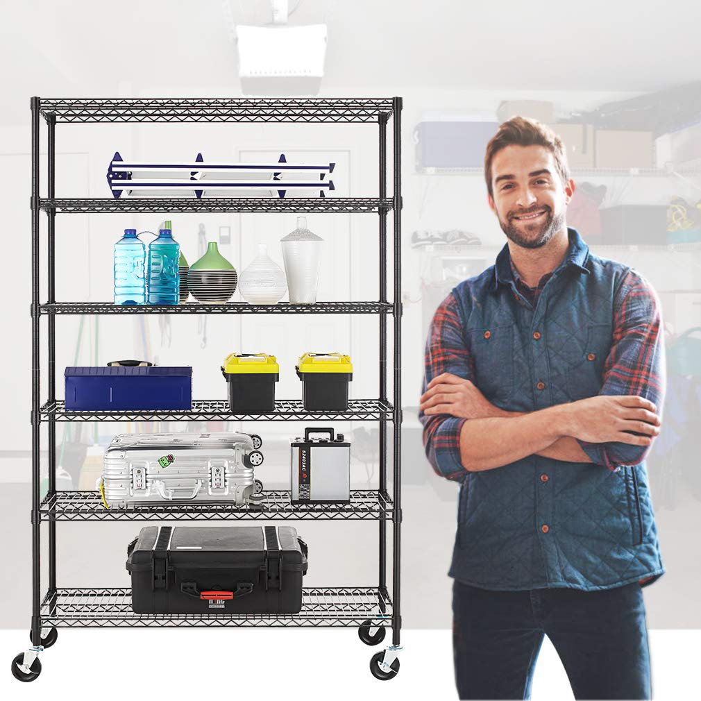 BestOffice 6-Shelf Heavy Duty Metal Shelving Unit with Wheels - 6000 LBS Capacity Adjustable Wire Rack Storage Shelf (18x48x76, Black) - Perfect for Garage Organization, Warehouse Storage & Home Utility Shelving