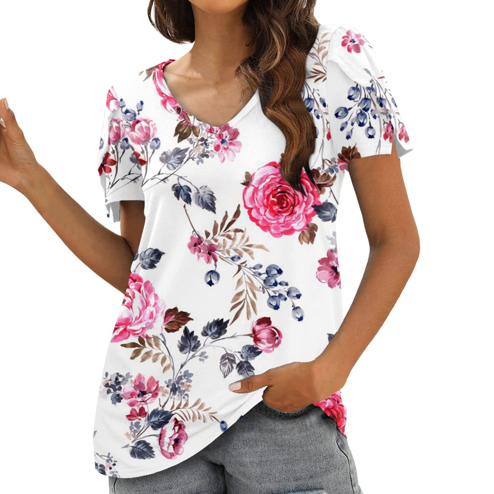 Women's Summer V-Neck Printed T-Shirt with Petal Sleeves - Athletic Short Sleeve Top for Running, Yoga & Casual Wear (White, XL)