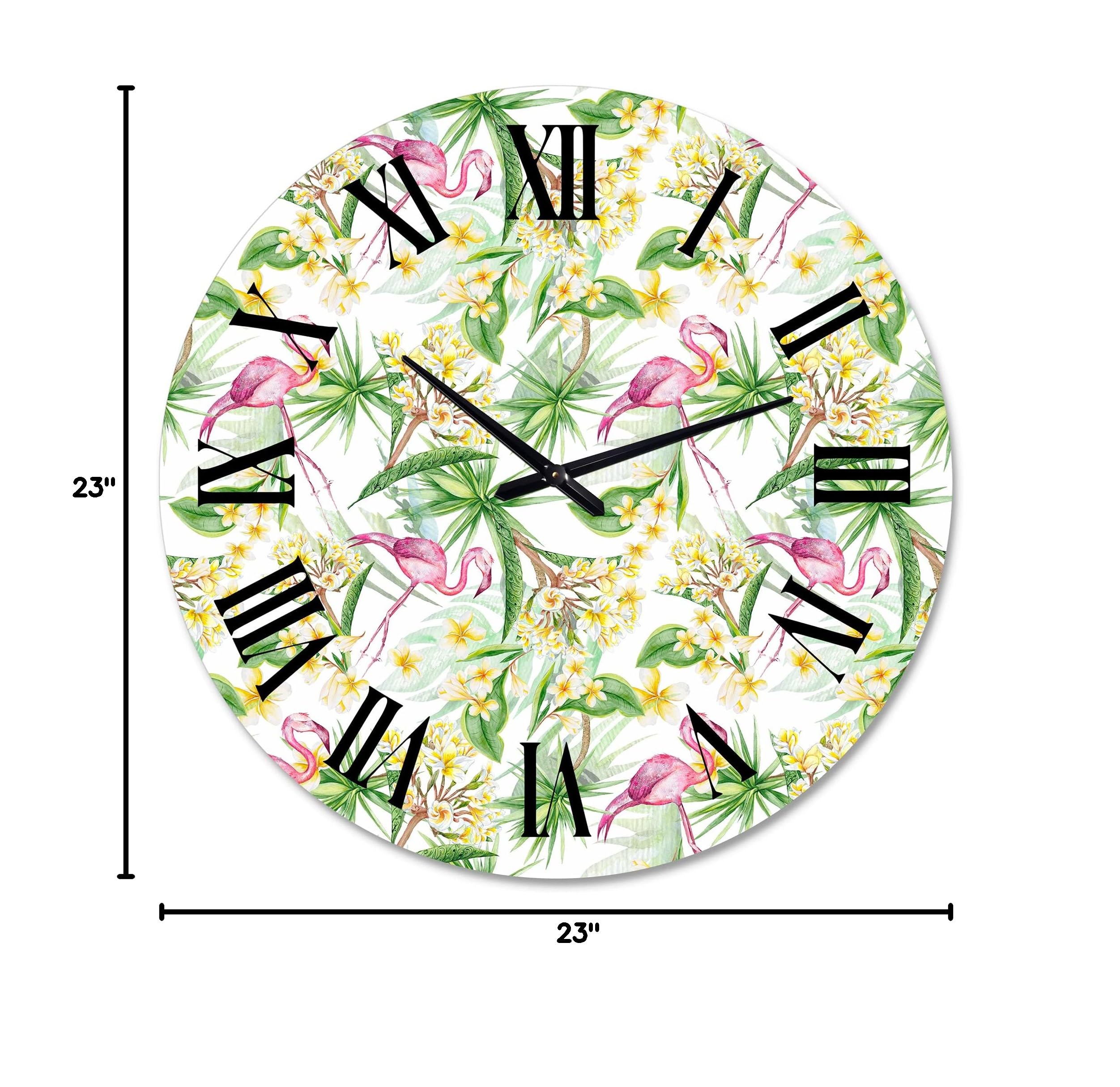 DesignQ Modern Wall Clock 'Tropical Foliage with Yellow Flowers & Flamingo' - Large Floral Botanical Wall Clock for Kitchen, Living Room, Bedroom Decor | Perfect for Home, Office & Farmhouse Style Spaces