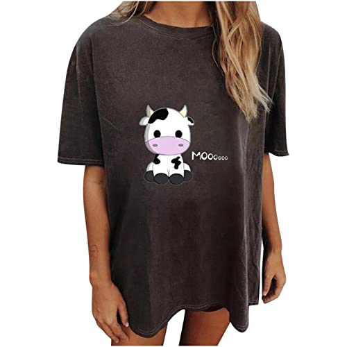 Trendy Moody Cow Graphic T-Shirts for Women & Teen Girls - Cute Short Sleeve Baggy Summer Tops - Casual Loungewear for Everyday Wear, Street Style & Summer Outfits