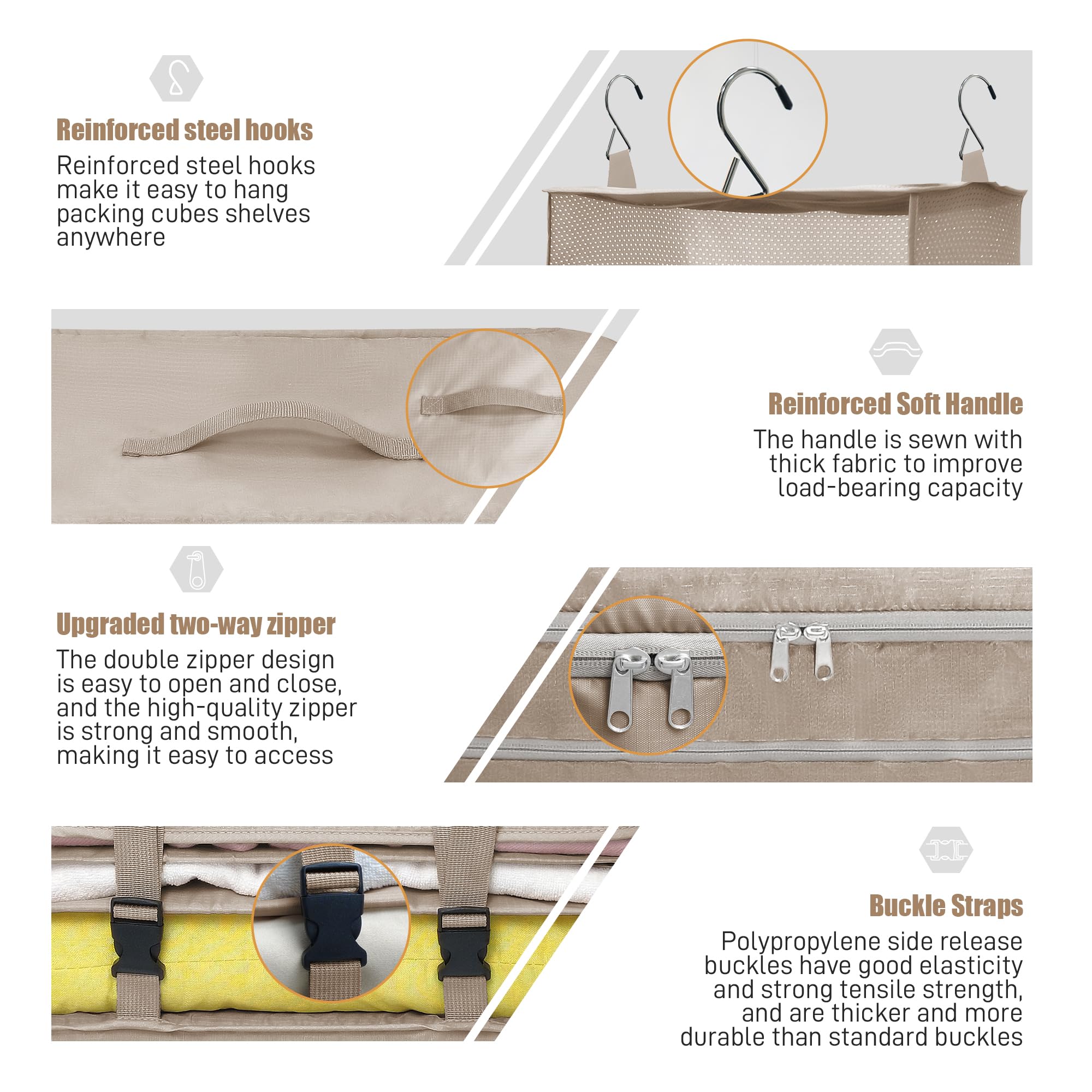 Twira Portable Hanging Travel Shelves Organizer - Large Capacity Collapsible 4-Shelf Suitcase Organizer with 2 Hooks for Luggage (Beige) | Perfect for Carry-On Closet, Business Trips & Vacation Packing