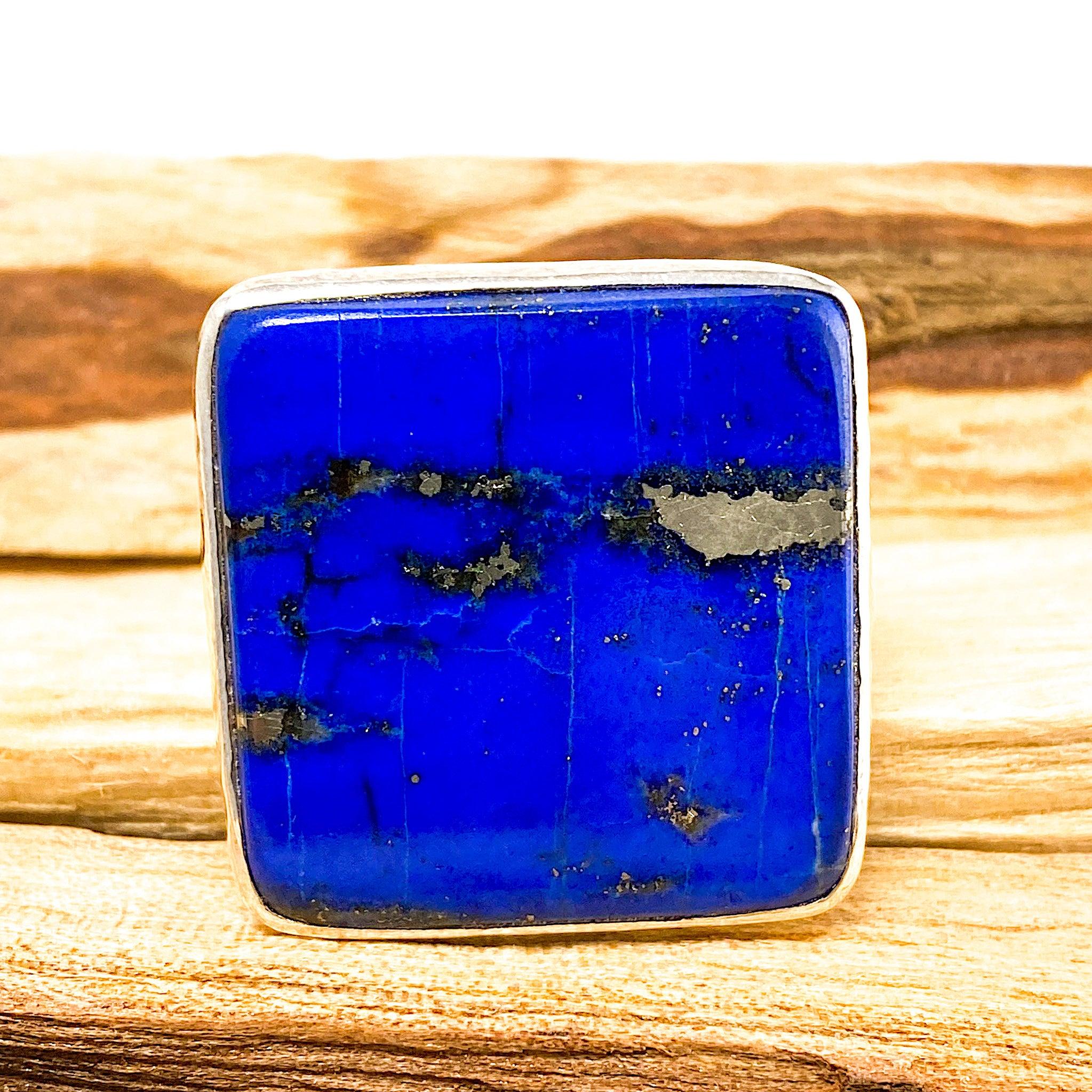 Natural Lapis Lazuli Square Cabochon Ring - Handmade Hammered Silver Band Size 8 - Chilean Gemstone Jewelry for Women | Perfect for Gift Giving, Special Occasions & Boho Fashion