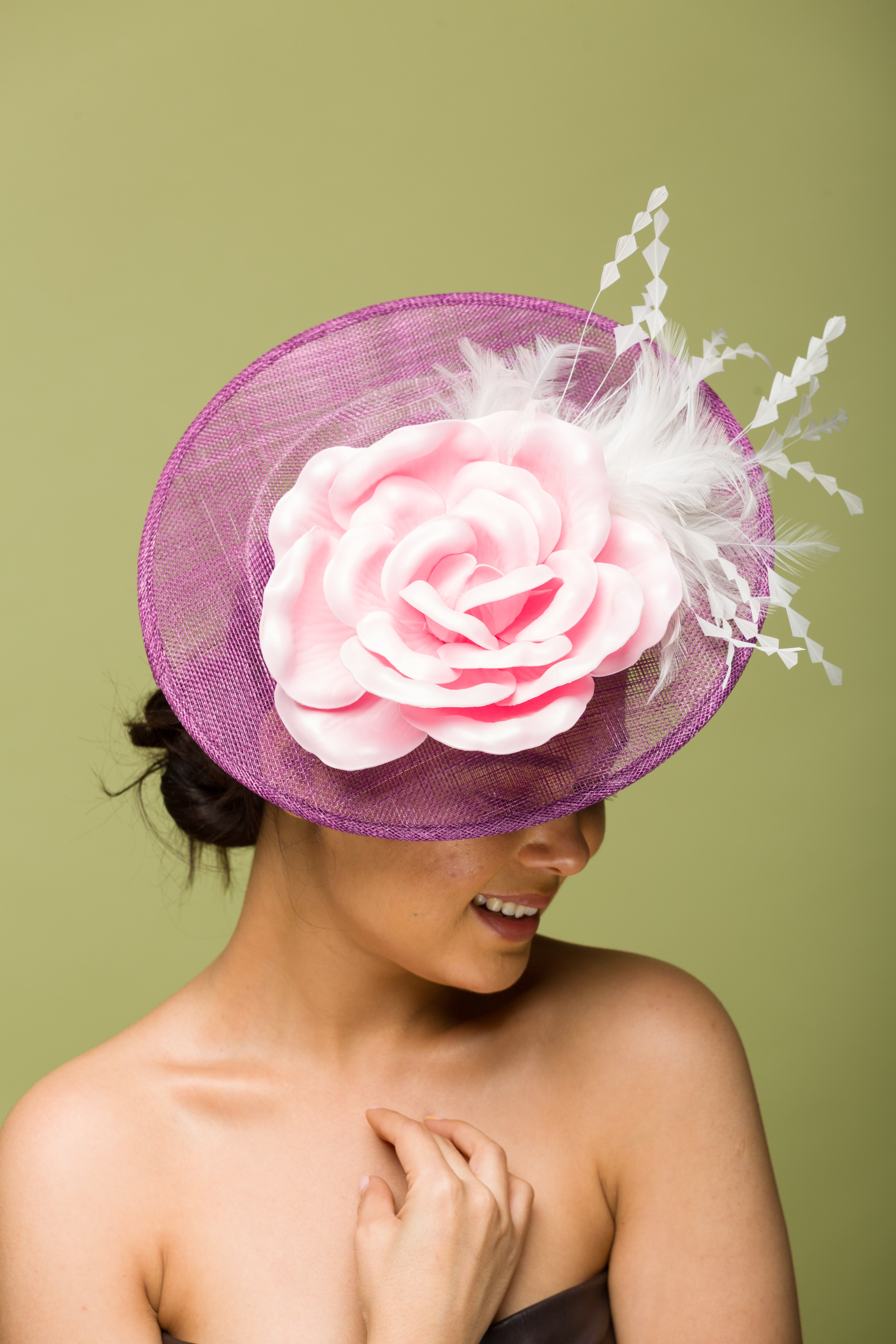Elegant Soft Pink Flower on Purple Fascinator Headband - Women's Vintage Hair Accessory for Weddings, Tea Parties & Special Occasions