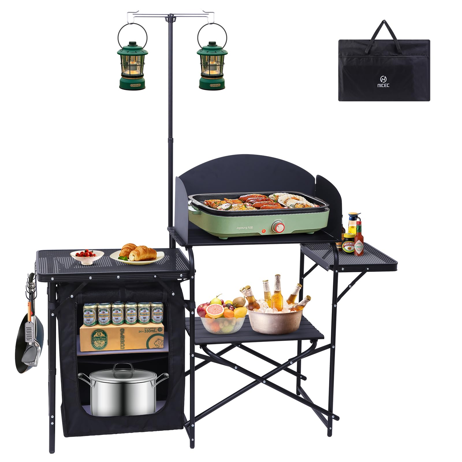 Premium Portable Camping Kitchen Station - Foldable Picnic Table & Grill Stand with Light & Windshield - Compact Cooking Organizer for Outdoor, Beach, BBQ & Tailgating - Includes Carry Bag (Black)