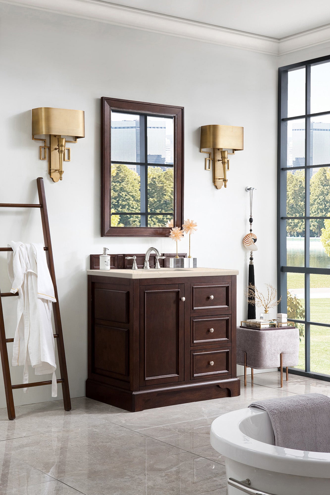 De Soto 36 Inch Single Bathroom Vanity with Burnished Mahogany Finish & 3CM Eternal Marfil Quartz Countertop - Perfect for Modern Master Bathrooms and Powder Rooms