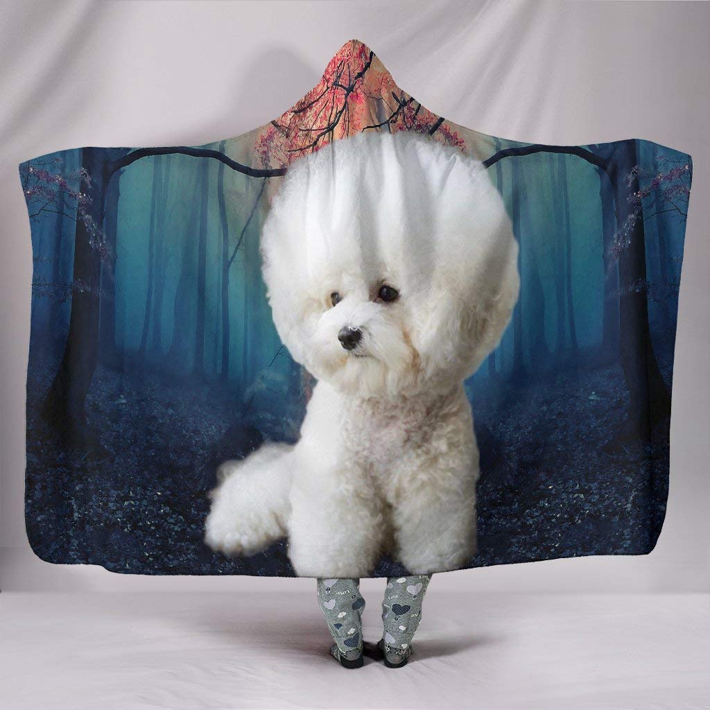 Pawlice Cute Bichon Frise Print Hooded Blanket - Soft Fleece Wearable Blanket with Pockets for Adults & Kids - Perfect for Cozy Nights, Movie Time, and Pet Lovers