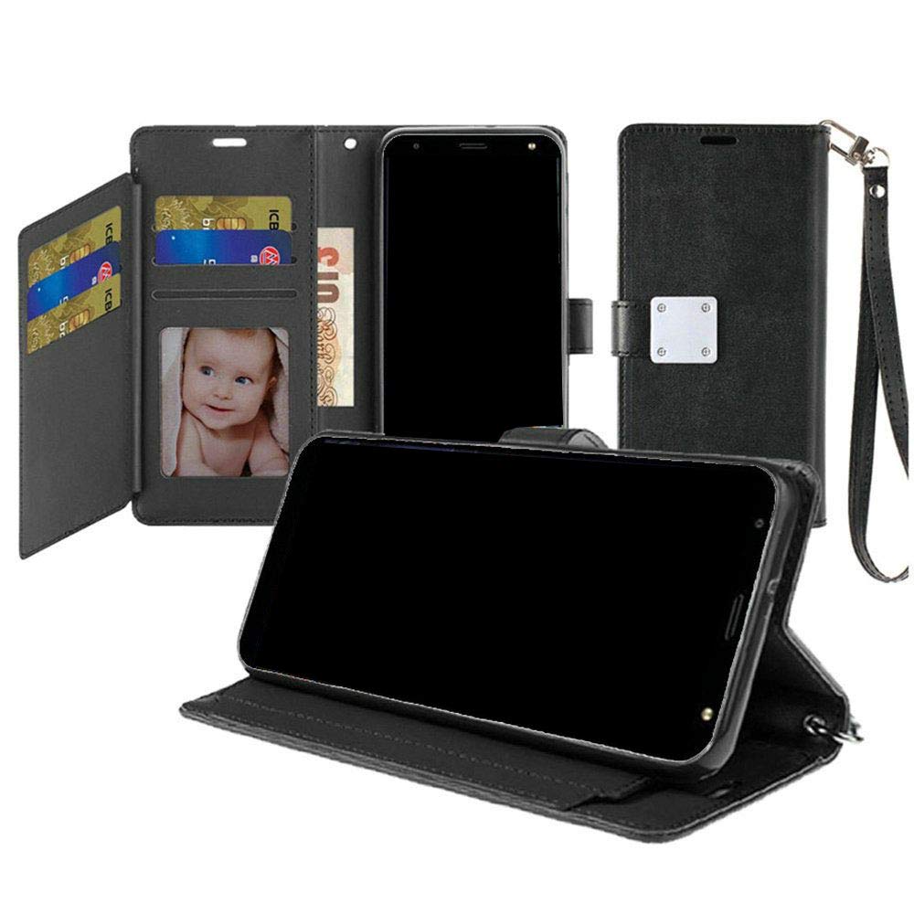 Premium Tempered Glass & Magnetic Wallet Case for LG Xpression Plus 2 LM-X420 (2019) - Black Protective Phone Cover with Metal Snap & Free Gift Stand - Perfect for Work, Travel and Everyday Use