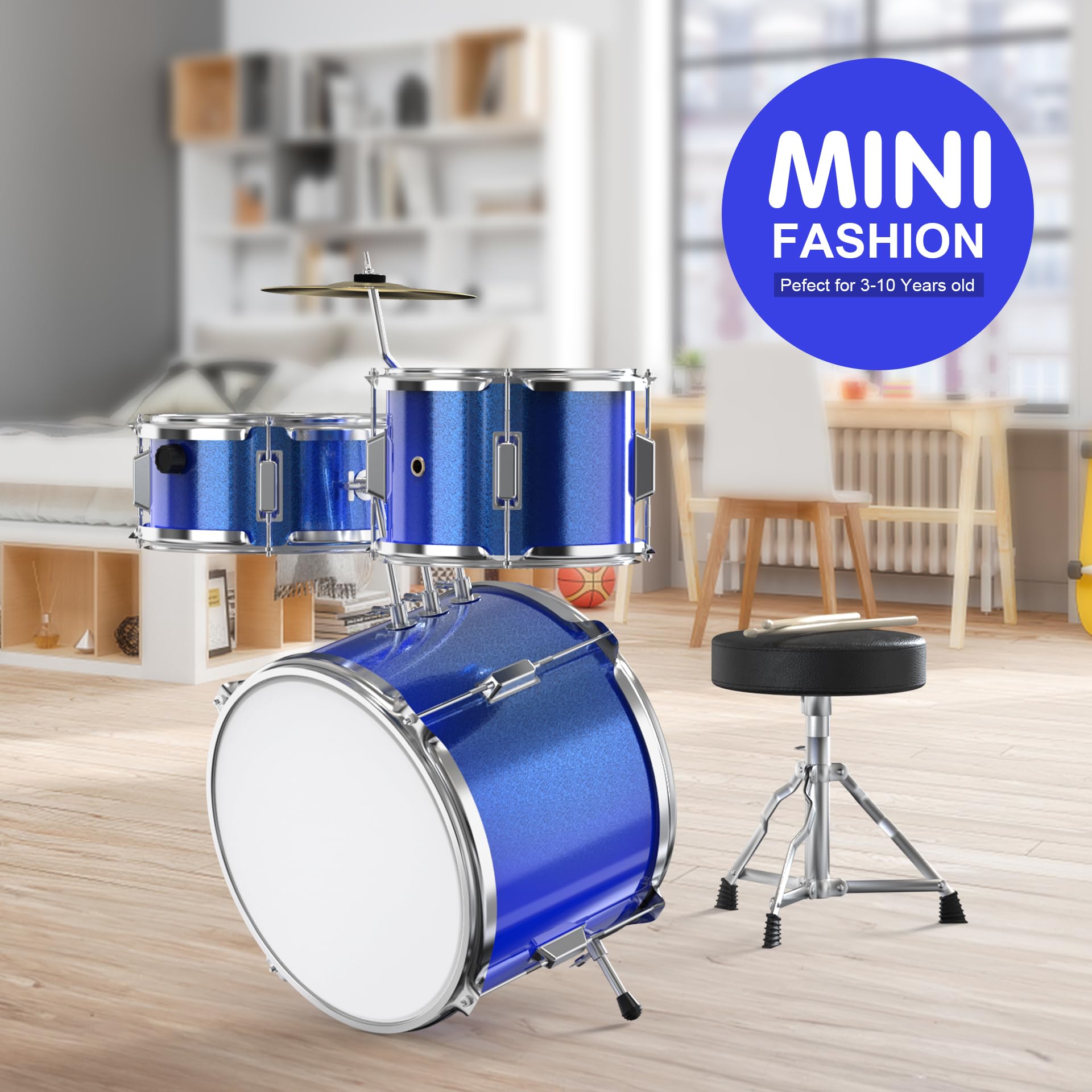 Blue 3-Piece Beginner Drum Set Kit with Throne Stool - Kids Starter Drum Kit for Learning & Practice - Perfect for Home, School & Music Classes