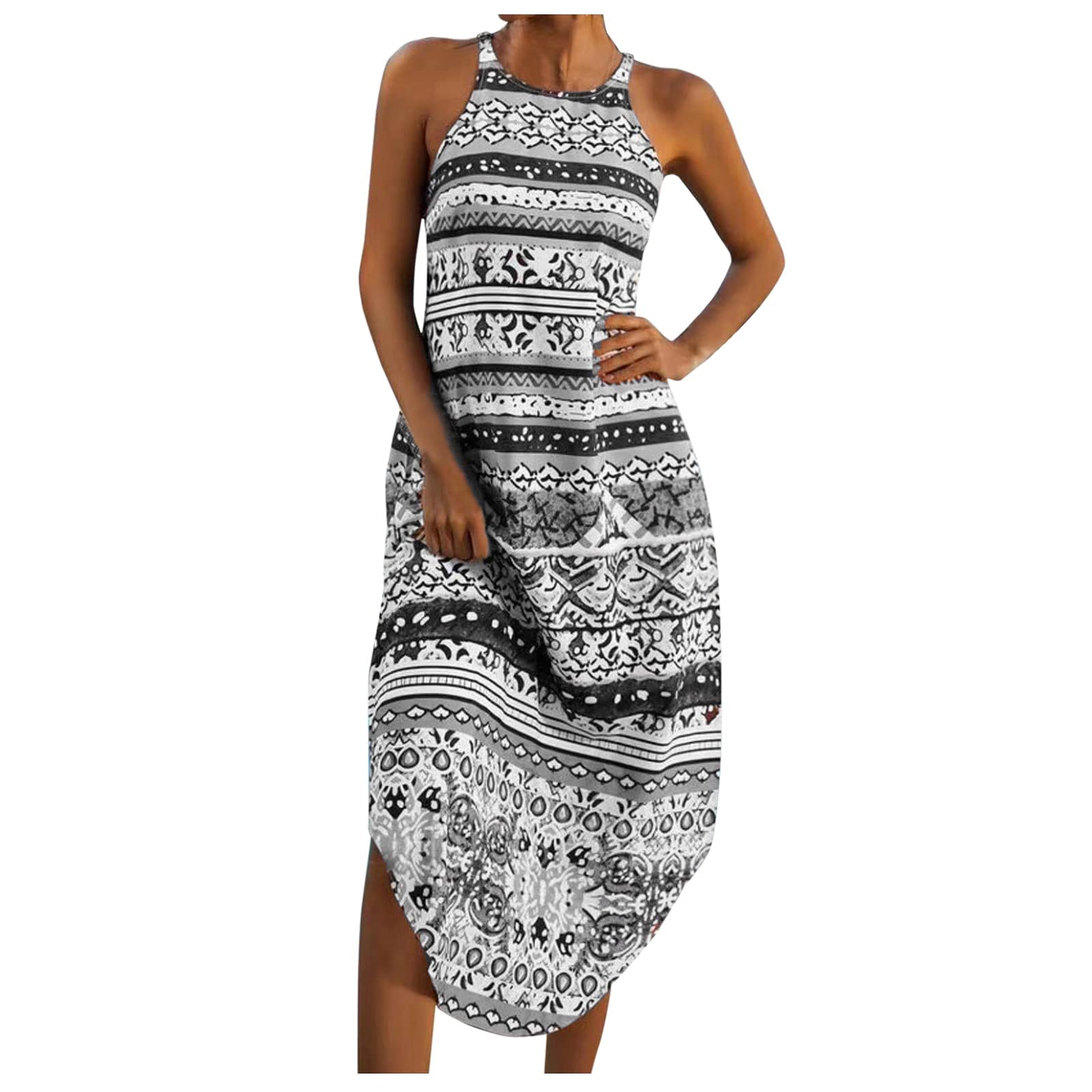Women's White Summer Dresses Sleeveless Long Floral Print Boho Maxi Dress V-Neck - Perfect for Beach Vacations, Garden Parties & Casual Outings
