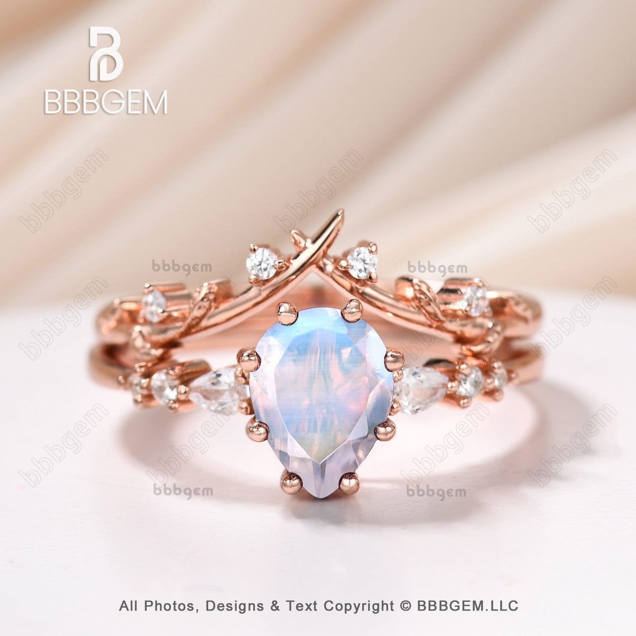 Pear Cut Moonstone & Moissanite Promise Ring Set for Women - Nature Inspired Leaf Stacking Band - Perfect for Engagement, Wedding, Anniversary Gifts & Everyday Boho Jewelry