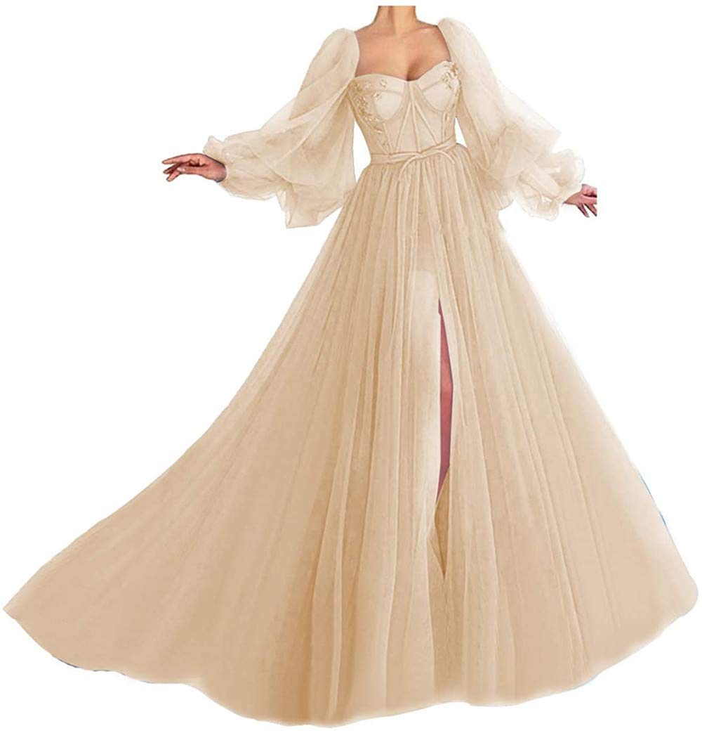 Elegant Long Sleeve Tulle Prom Dress with Sweetheart Neckline for Evening Parties