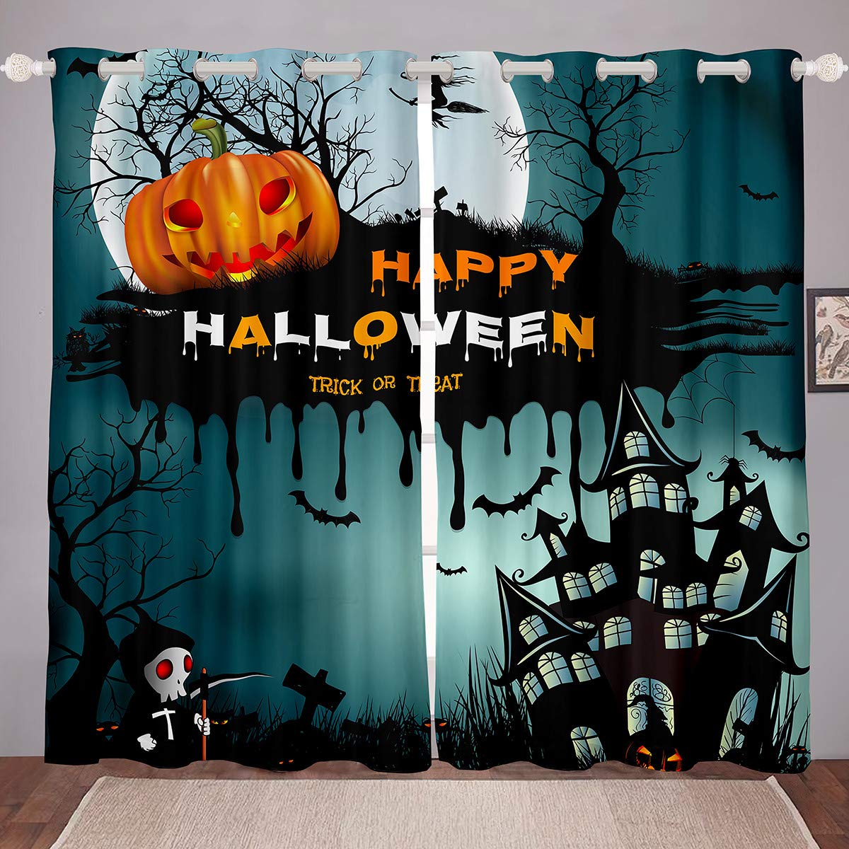 Halloween Window Curtains - Pumpkin Witch Castle Ghost Decor, Trick or Treat Window Treatment with Steel Grommet Top, 2 Panel Set (76x54 Inches) - Perfect for Spooky Home Decor & Halloween Party Decorations
