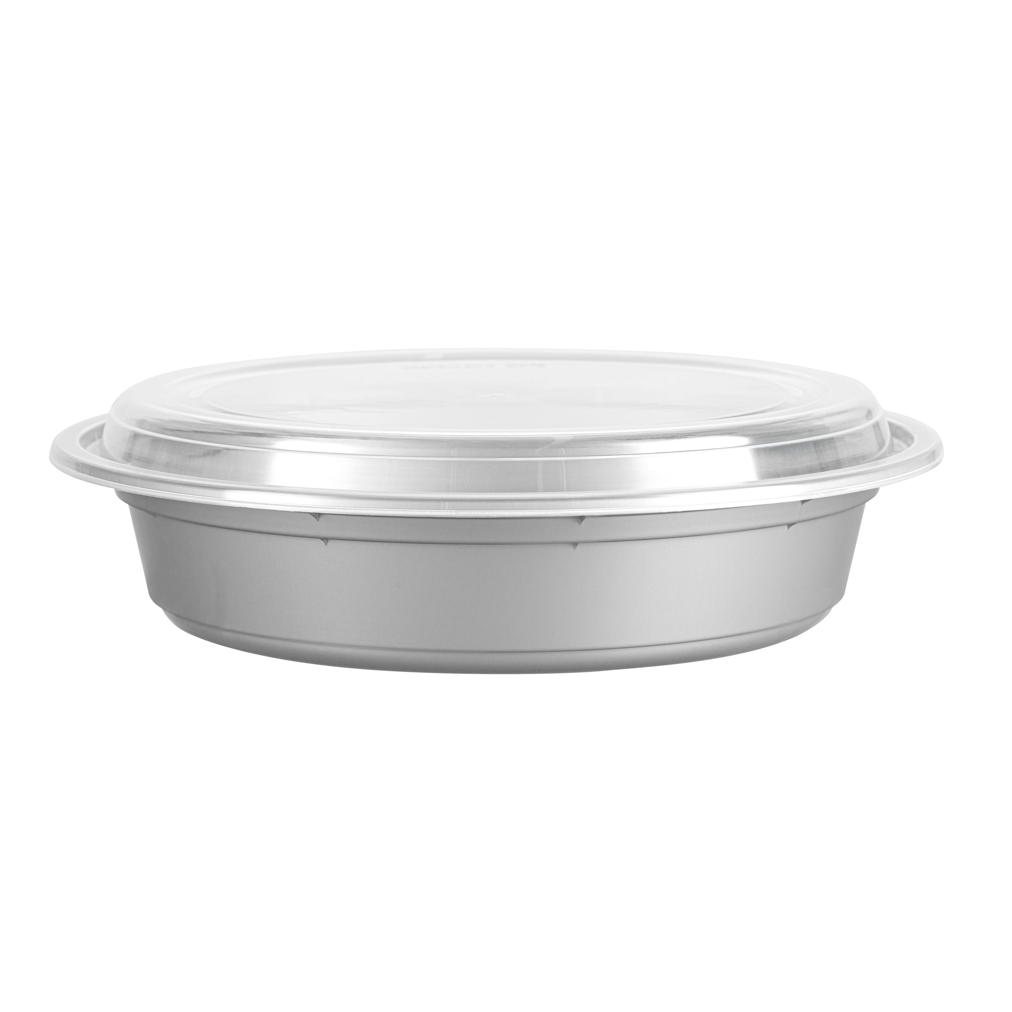 48oz Round Silver Plastic Takeout Containers with Clear Lids - 100 Pack (9