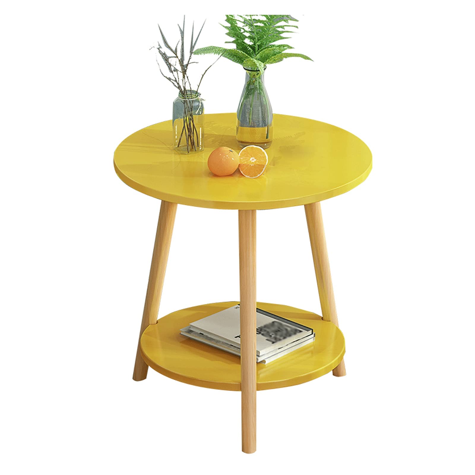 Modern Minimalist Round Wood Coffee Table - 2-Tier Side Table for Living Room & Bedroom, Multi-Functional Yellow End Table | Perfect for Small Spaces, Reading Nook & Coffee Corner