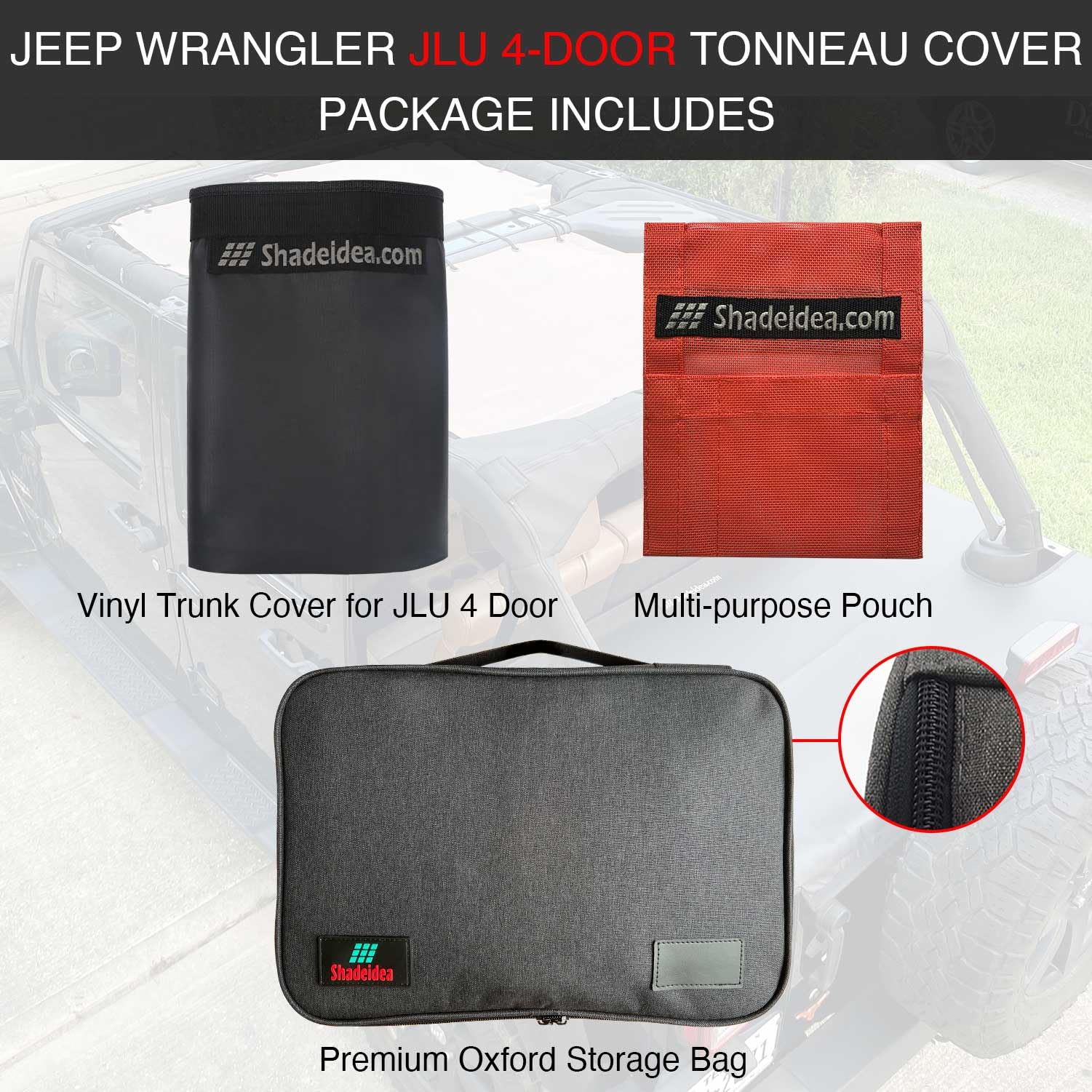 Shadeidea Black Vinyl Tonneau Cover for Jeep Wrangler JLU (2018-2024) | 4-Door Rear Trunk Cargo Cover | Tailgate Protection | 3-Year Warranty | Perfect for Off-Roading & Outdoor Adventures
