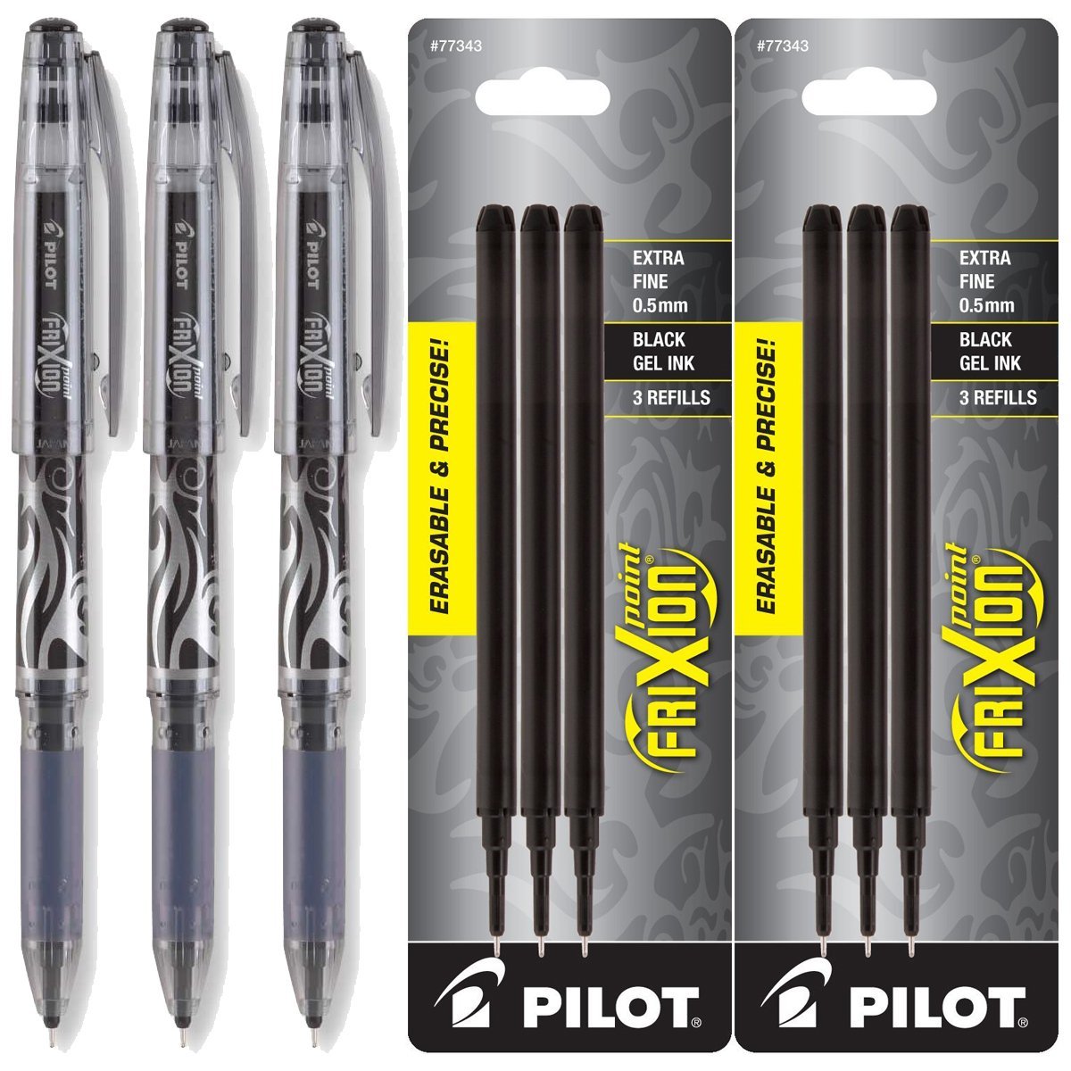 Pilot Frixion 0.5mm Extra Fine Point Erasable Gel Pens - 3 Pack with Refills - Black Ink for Note Taking, School, Office & Planner Writing
