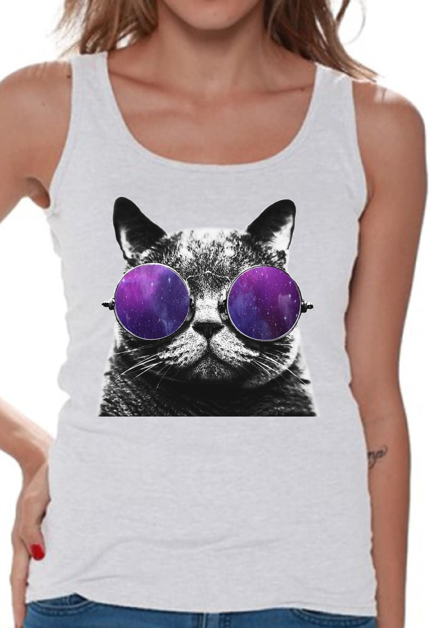 Stylish Women's Cat Galaxy Print Tank Top - Space Astro Graphic Tee with Free Bookmark - Perfect for Summer Outfits & Casual Wear