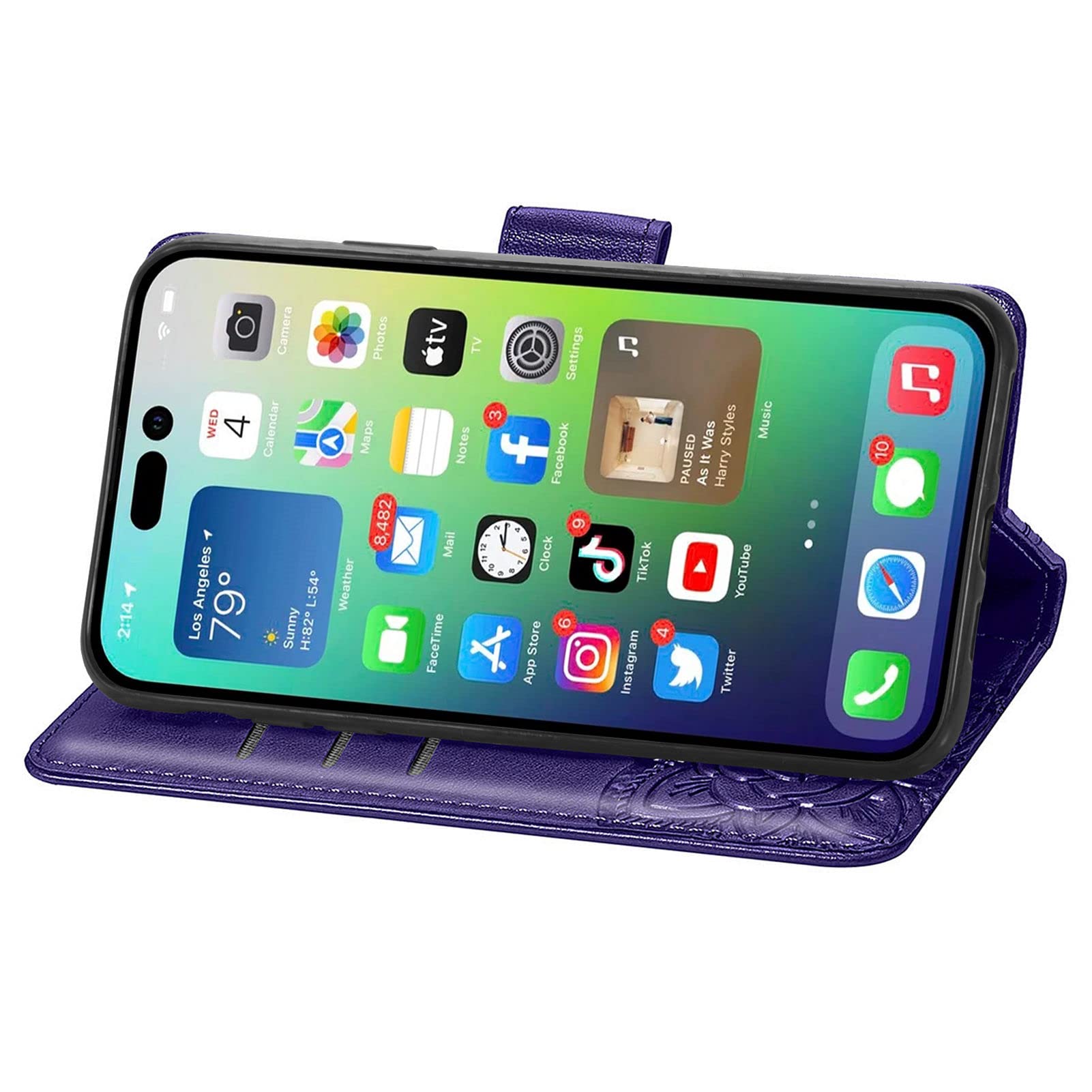 Premium PU Leather Flip Wallet Case for iPhone 15 with Wrist Strap - Credit Card Holder, Kickstand & Embossed Butterfly Flower Design (Purple) | Perfect for Everyday Use, Travel & Hands-Free Convenience