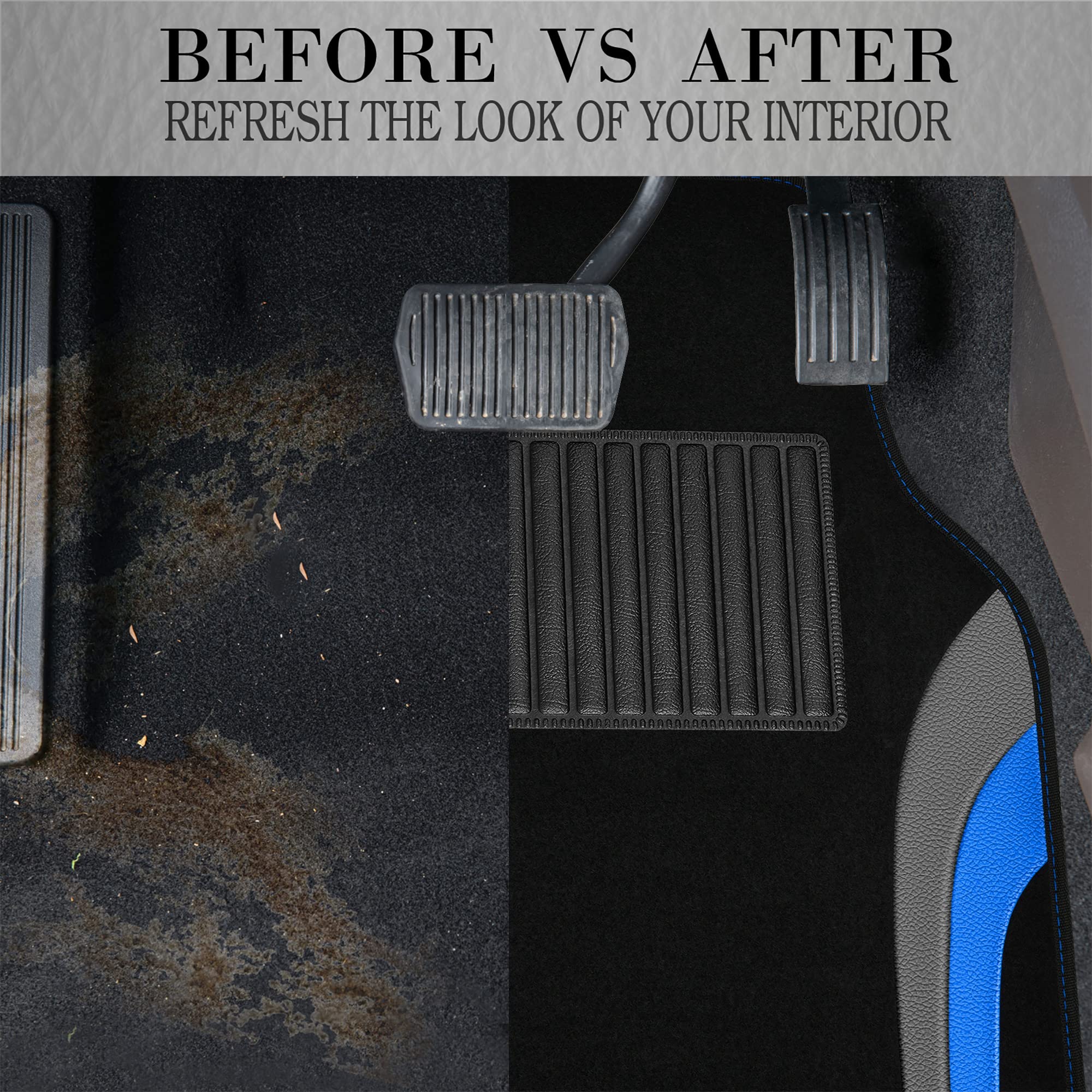 Premium Leather Sporty Car Floor Mats - Universal Waterproof Automotive Floor Liners for Sedans, SUVs, Trucks & Vans - 4-Piece Set (Black/Blue) - Durable Protection for All-Weather Driving & Easy Cleaning