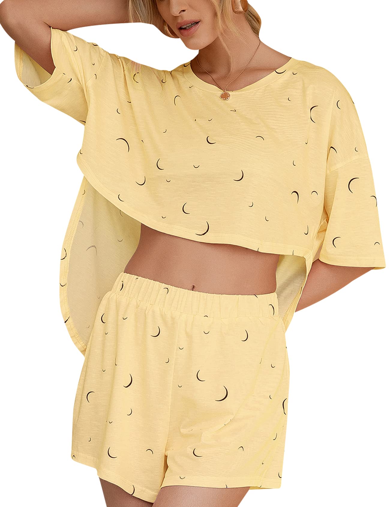 Yimoon Women's Cute Sleepwear Set - Soft Short Sleeve Top & Comfortable Lounge Shorts Pajamas for Summer Nightwear, Home Relaxation & Sleepover Outfits