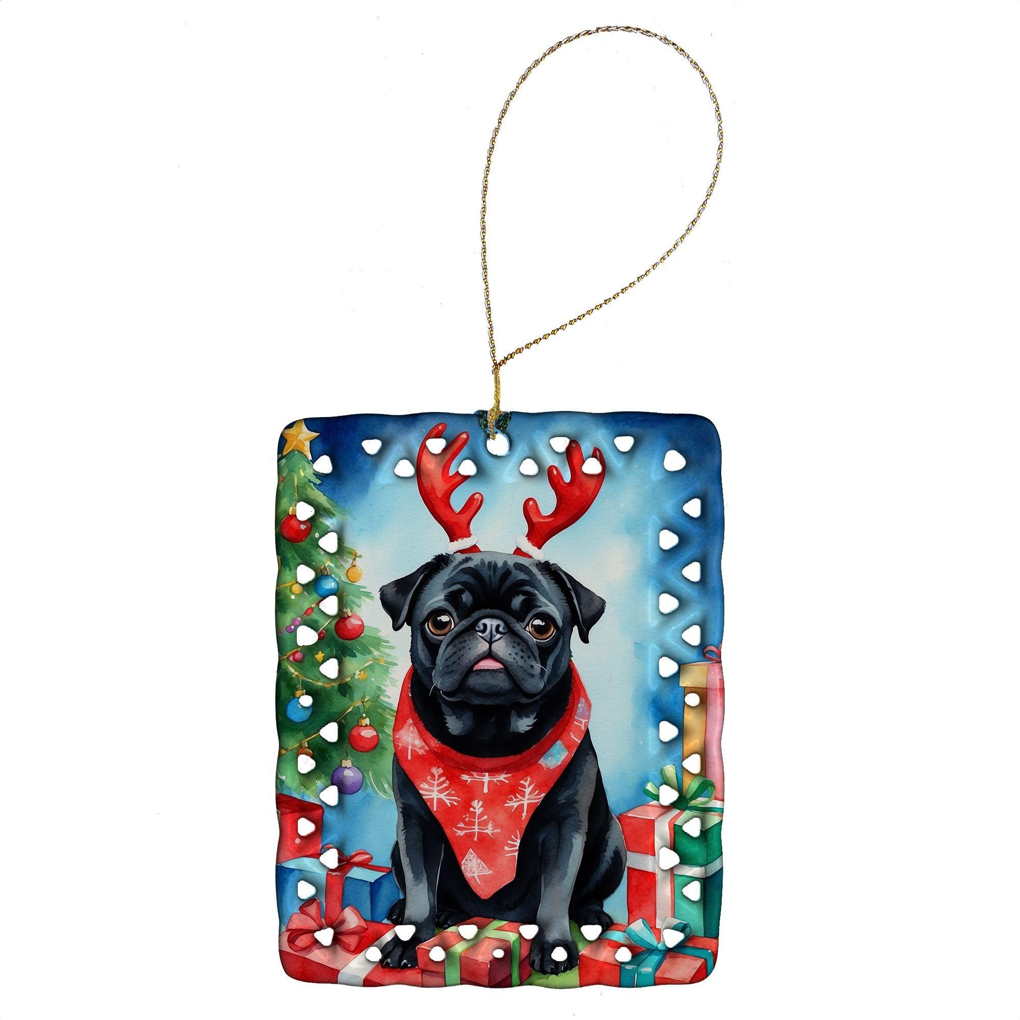 Black Pug Christmas Reindeer Porcelain Ornament - Holiday Tree Hanging Decor for Home, Rectangle Gift (Multicolor) | Perfect for Christmas Tree Decorations, Holiday Party Favors & Festive Home Décor