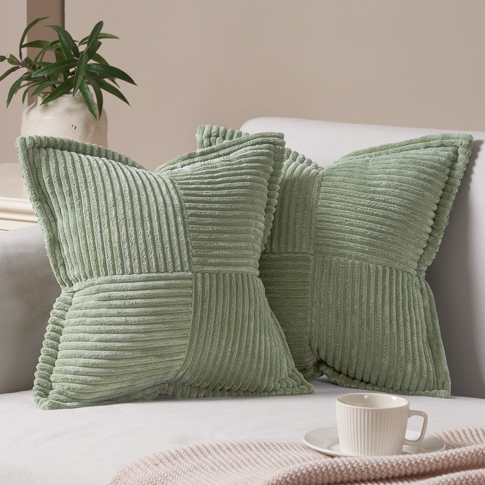 Premium Fluffy Autumn Decorative Pillow Covers 16x16 Inch (40x40cm) - Soft Sage Green Cushion Cases with Hidden Zipper for Sofa, Bed, Living Room & Bedroom - Set of 2 Cozy Home Decor Accents for Fall Season