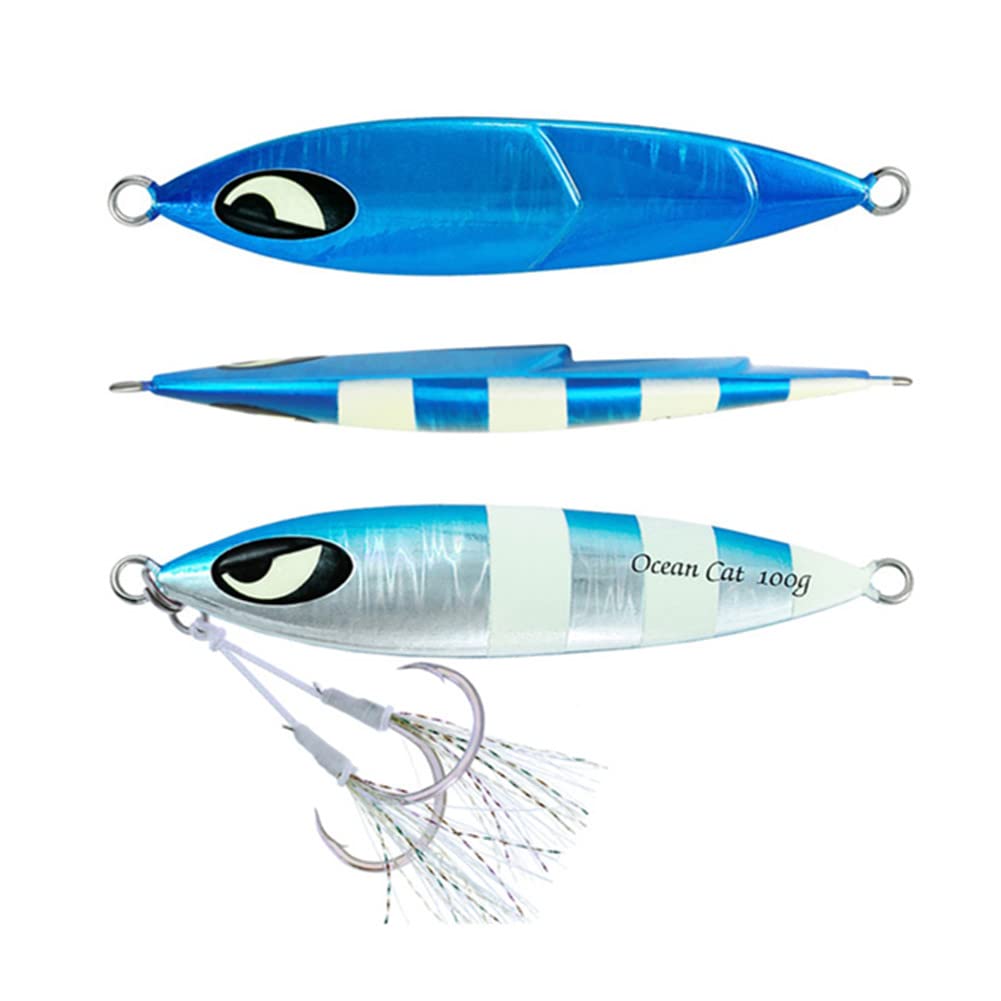 OCEAN CAT Slow Sinking Metal Jig Lures for Saltwater Fishing - 1PC Lead Flat Jig with Hook for Jigging, Trolling & Bottom Fishing | Perfect for Deep Sea, Pier and Shoreline Angling