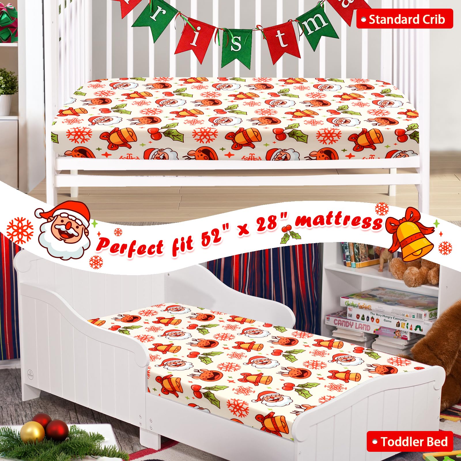 JISEN Christmas Santa Claus Fitted Crib Sheet - Soft Breathable Baby Bed Sheet for Boys & Girls (52x28 Inch) | Neutral Deer Design for Standard Crib & Toddler Mattress | Perfect for Nursery, Holiday Decor & Baby Shower Gifts