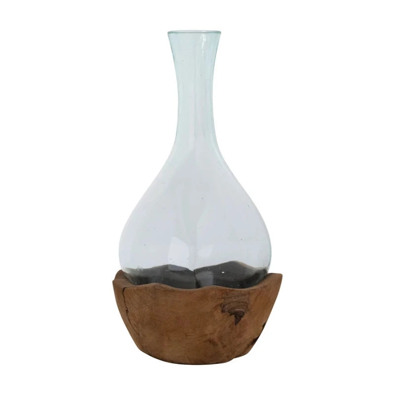 Eco-Friendly Recycled Glass Vase with Natural Teakwood Base - Perfect for Home Decor, Wedding Centerpieces & Sustainable Gifts