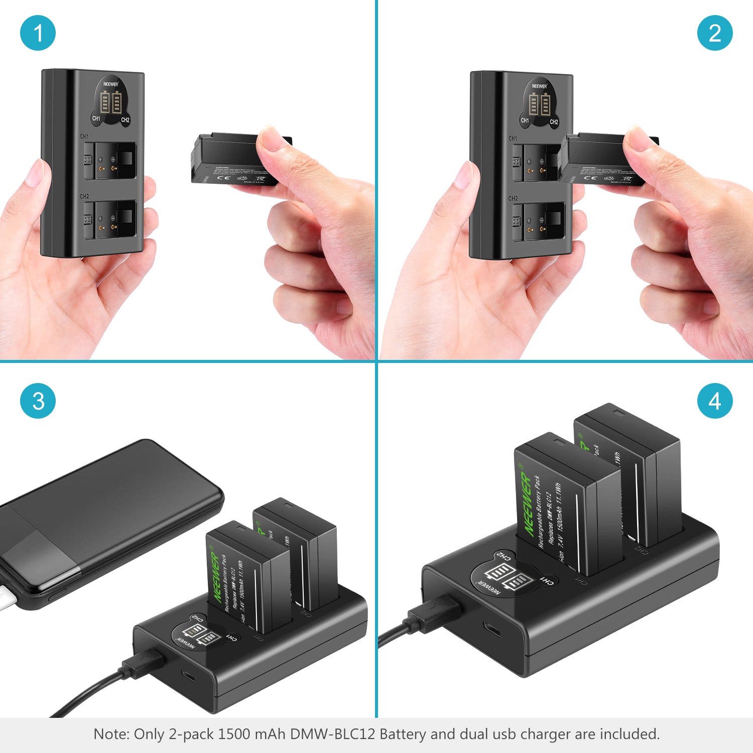 NEEWER DMW BLC12 Replacement Battery Charger Set for Panasonic Cameras - Perfect for Travel, Vlogging & Professional Photography