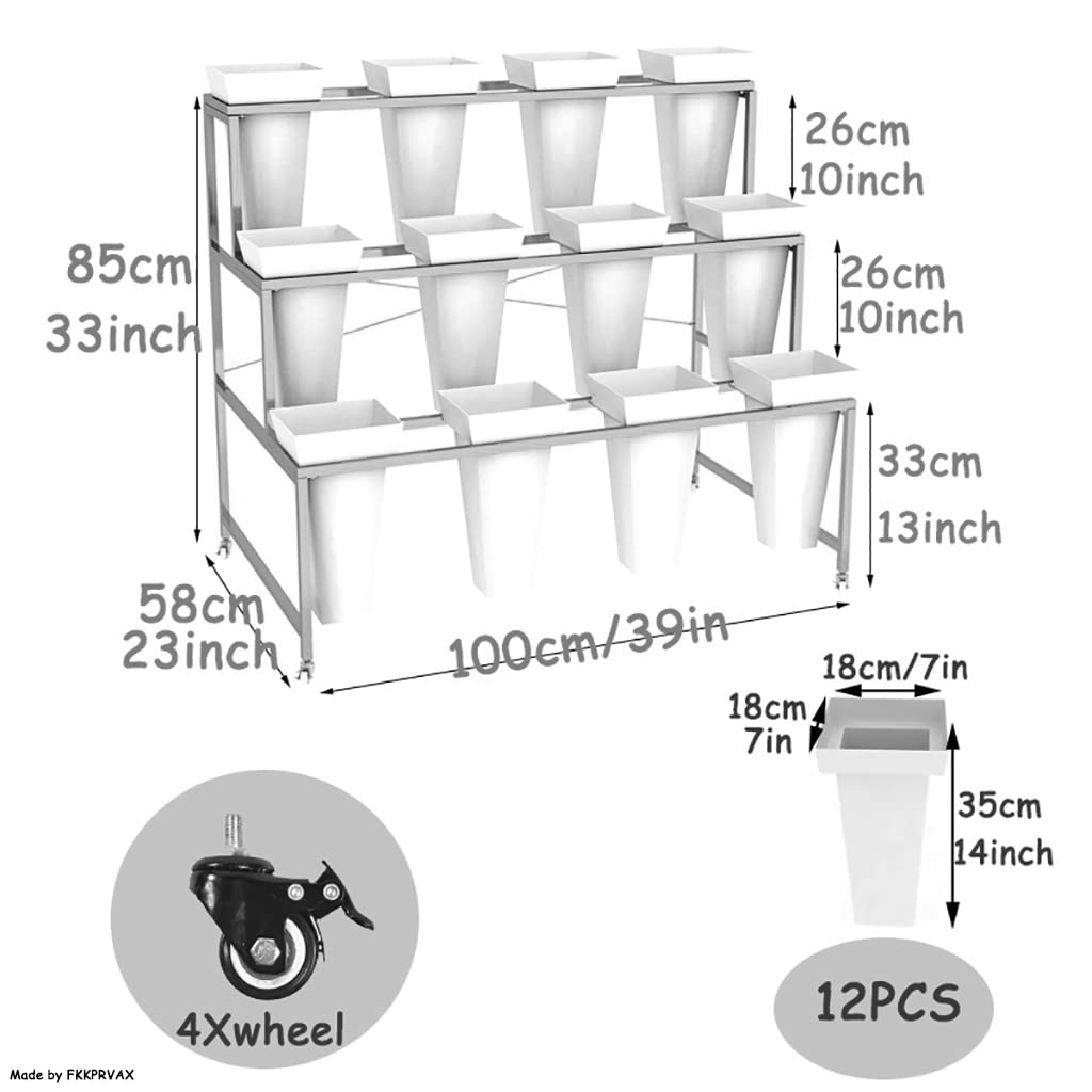 Heavy Duty 3-Tier Flower Display Stand with 12 Buckets & Wheels - 33 Inch Tall Rolling Plant Cart for Florists, Garden, Patio Decor - Gold Shelf with Black Buckets (Ideal for Wedding, Event & Retail Displays)