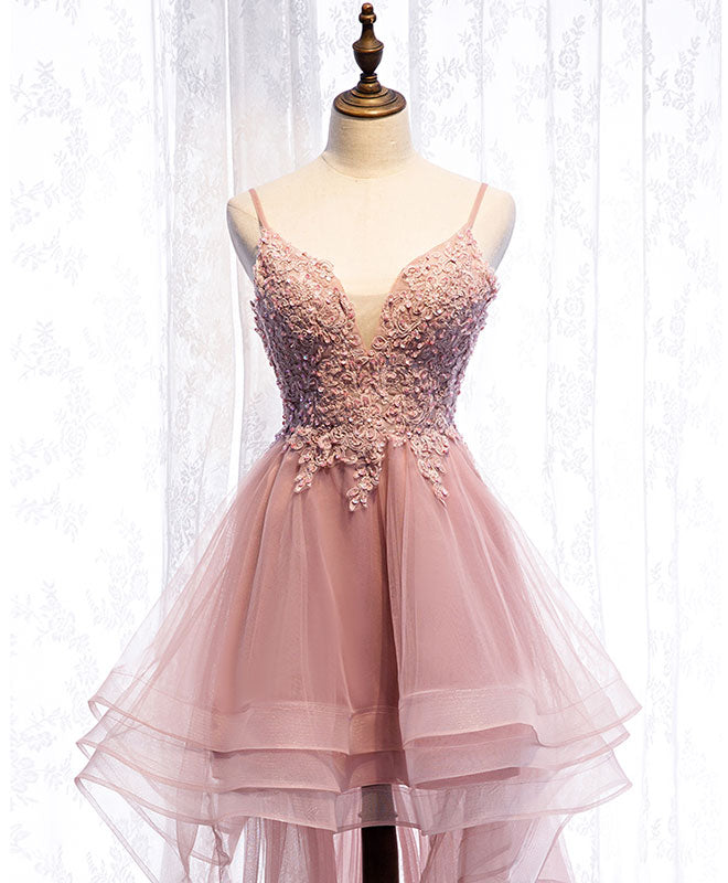 Elegant Pink Tulle Lace High-Low Prom Dress for Homecoming - Perfect for Formal Dances, Graduation Parties & Special Occasions