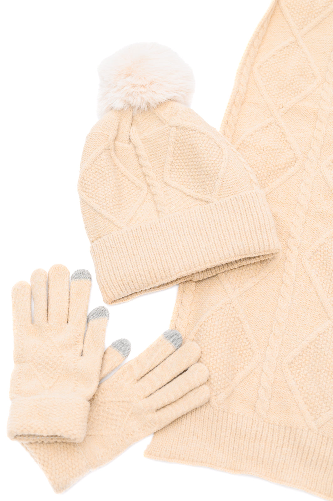Jane Frost Beanie, Glove, and Scarf Set in Beige - Winter Knit Accessories for Women | Cozy & Warm for Outdoor Activities, Skiing, and Snowboarding